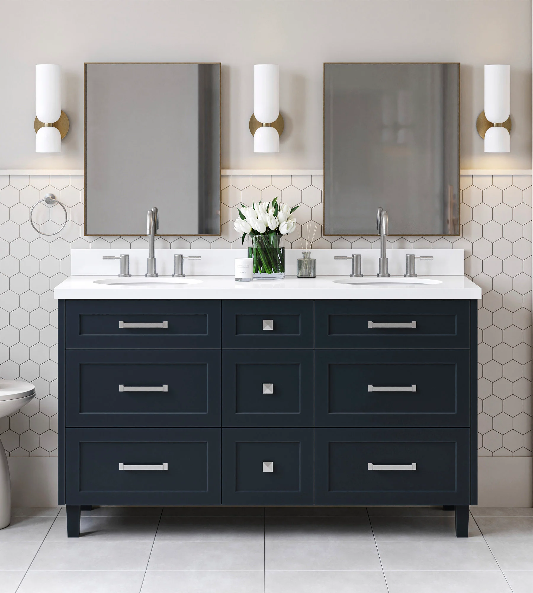 ARIEL Monroe 61 Inch Double Oval Sink Bathroom Vanity With Pure White Quartz Countertop 1.5 Inch Edge In Midnight Blue