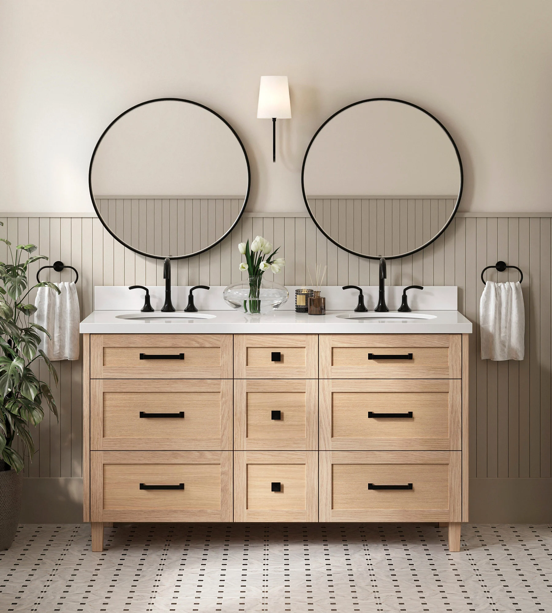 ARIEL Monroe 61 Inch Double Oval Sink Bathroom Vanity With Pure White Quartz Countertop 1.5 Inch Edge In Oak