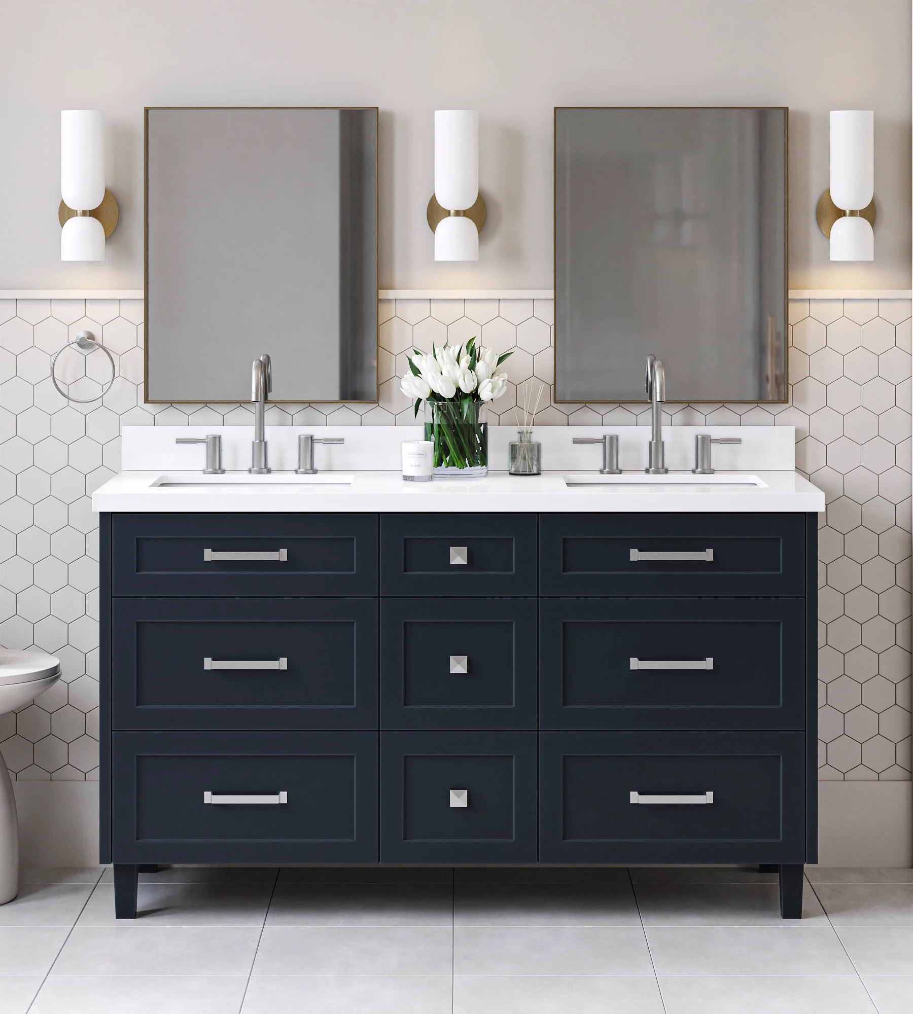 ARIEL Monroe 61 Inch Double Rectangle Sink Bathroom Vanity With Pure White Quartz Countertop 1.5 Inch Edge In Midnight Blue