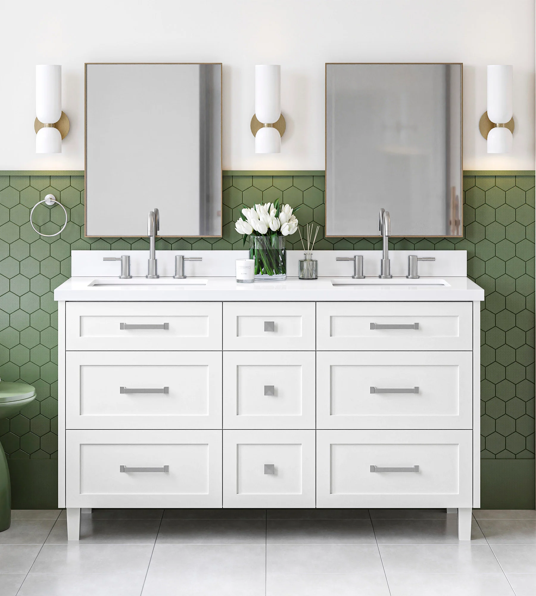 ARIEL Monroe 61 Inch Double Rectangle Sink Bathroom Vanity With Pure White Quartz Countertop 1.5 Inch Edge In White