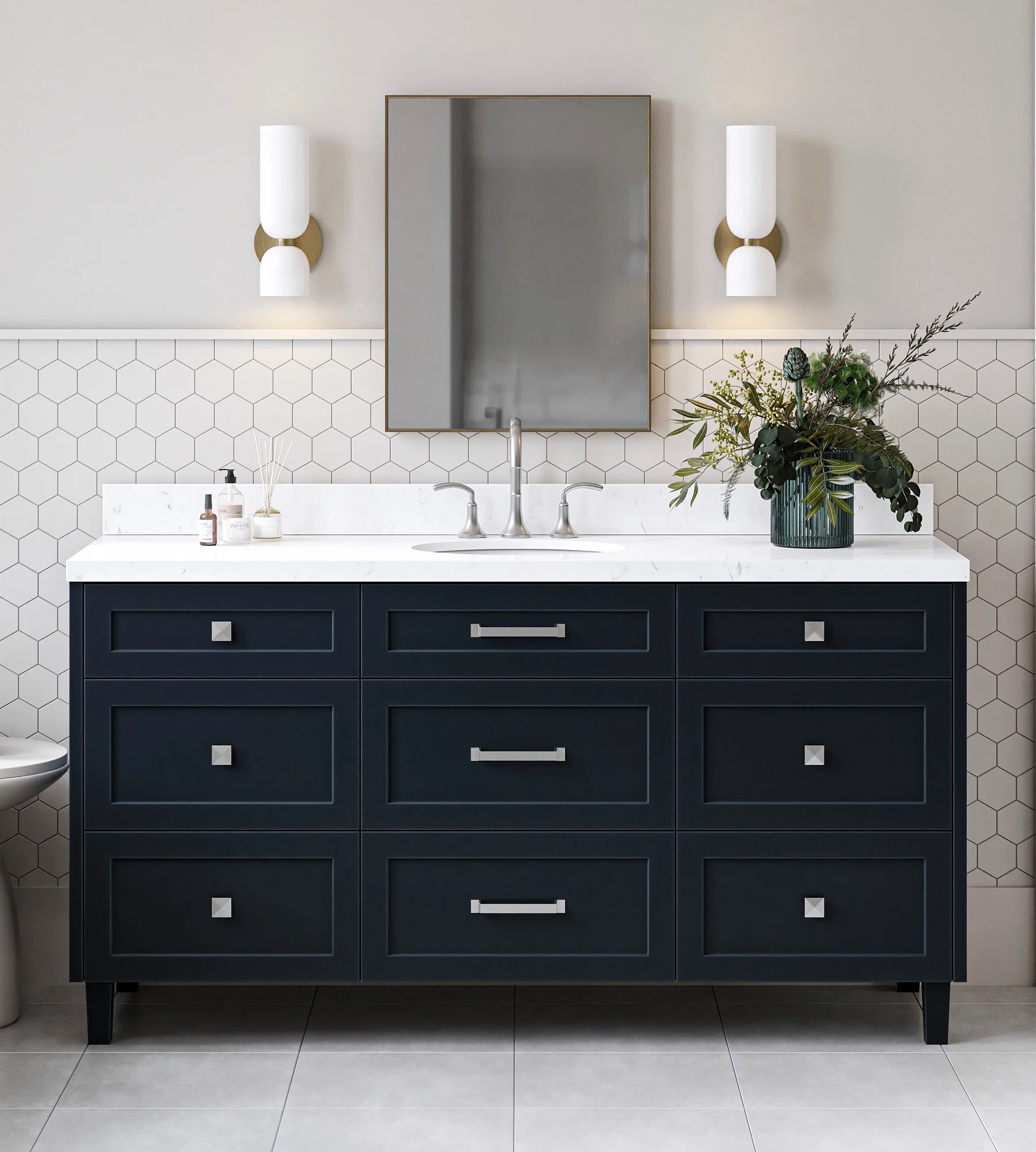 ARIEL Monroe 66 Inch Single Oval Sink Bathroom Vanity With Carrara White Quartz Countertop 1.5 Inch Edge In Midnight Blue