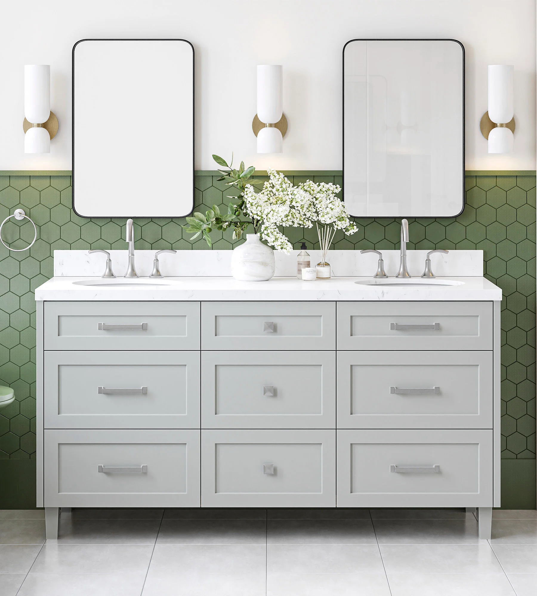 ARIEL Monroe 66 Inch Double Sink Base Cabinet In Grey