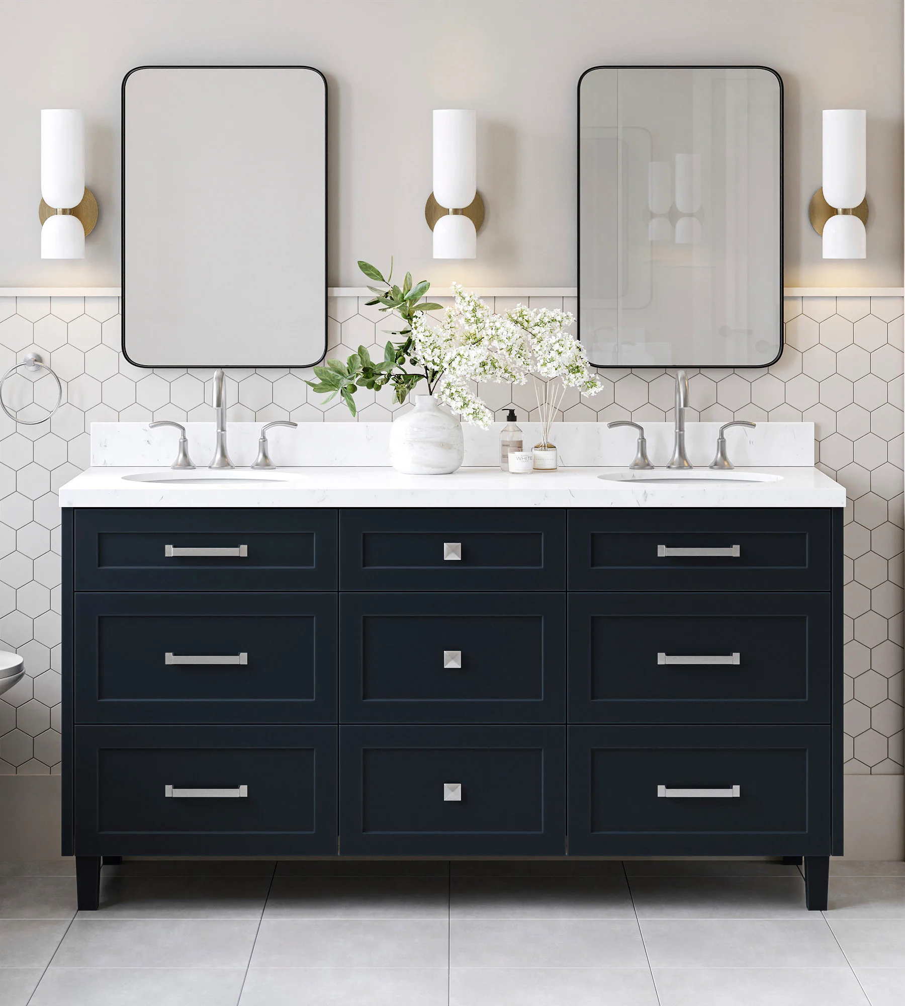 ARIEL Monroe 66 Inch Double Oval Sink Bathroom Vanity With Carrara White Quartz Countertop 1.5 Inch Edge In Midnight Blue