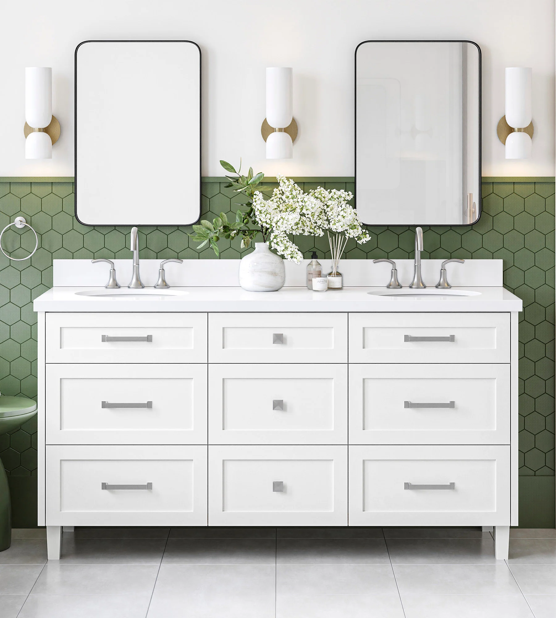 ARIEL Monroe 67 Inch Double Oval Sink Bathroom Vanity With Pure White Quartz Countertop 1.5 Inch Edge In White