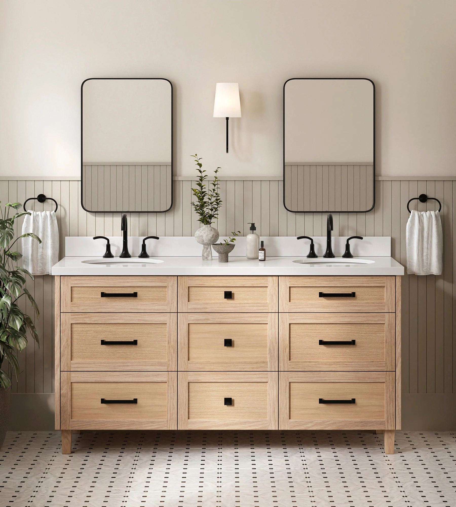 ARIEL Monroe 67 Inch Double Oval Sink Bathroom Vanity With Pure White Quartz Countertop 1.5 Inch Edge In Oak