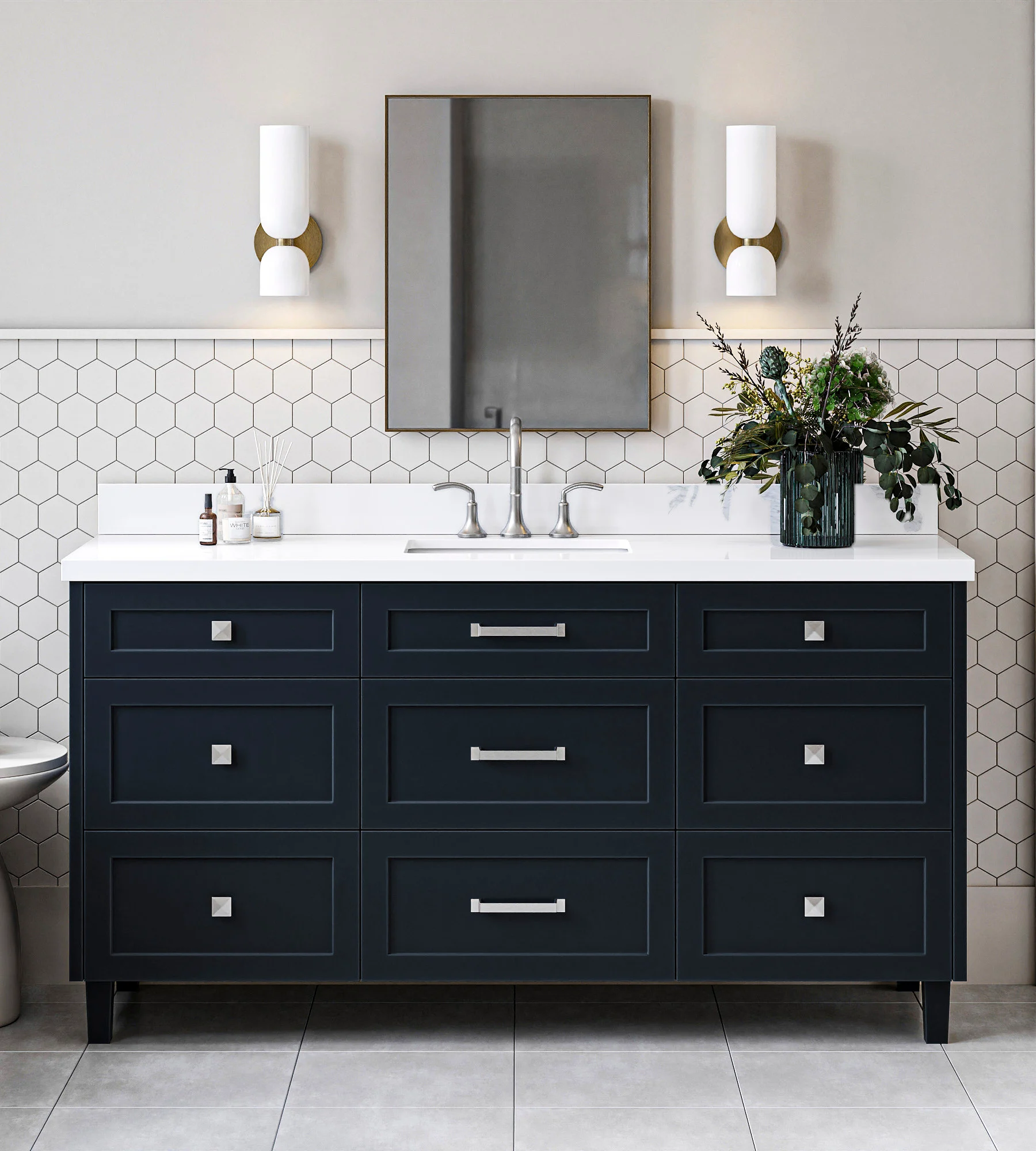 ARIEL Monroe 67 Inch Single Rectangle Sink Bathroom Vanity With Pure White Quartz Countertop 1.5 Inch Edge In Midnight Blue