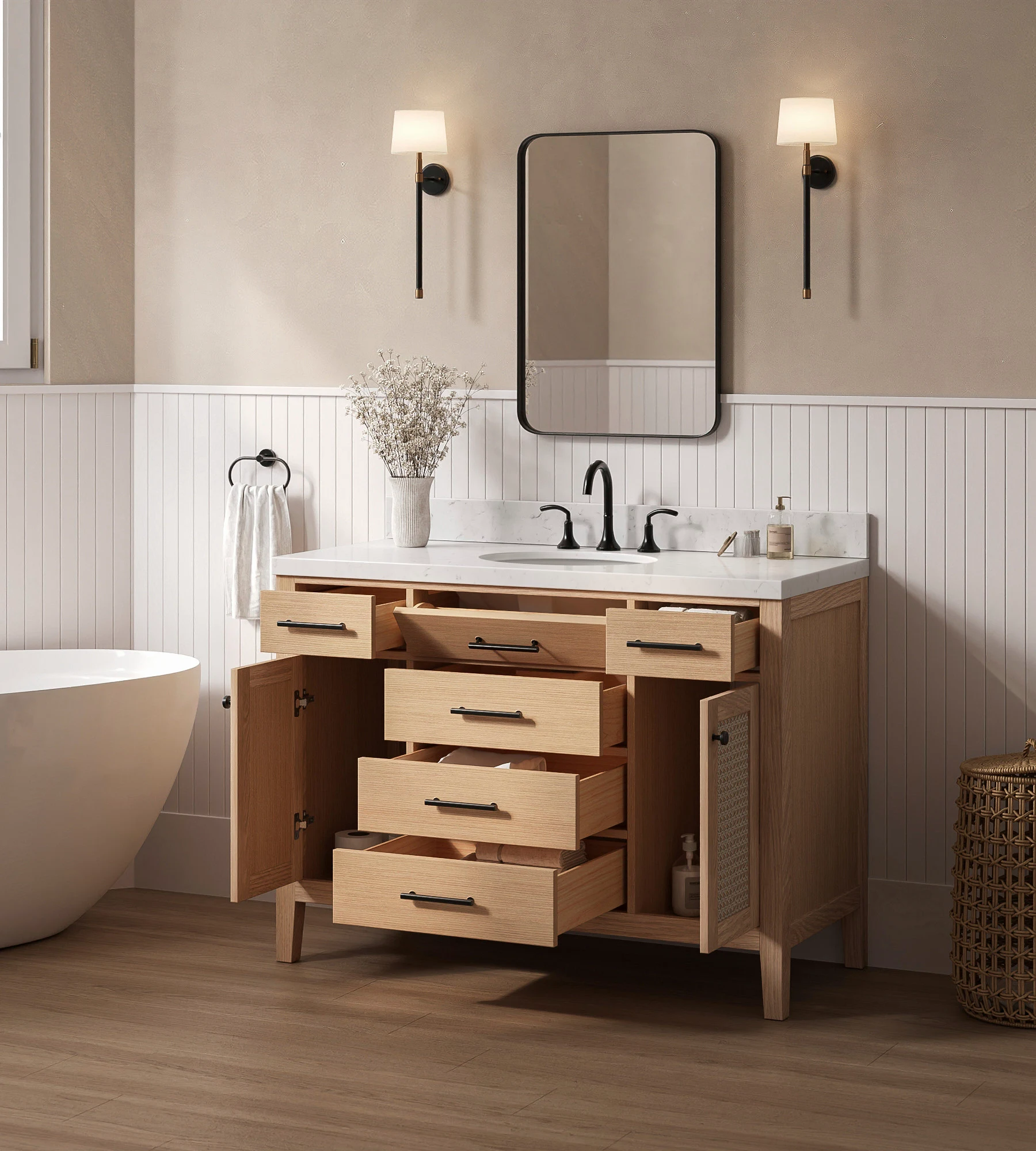 Ariel Camila 48 Inch Single Sink Base Cabinet In White Oak