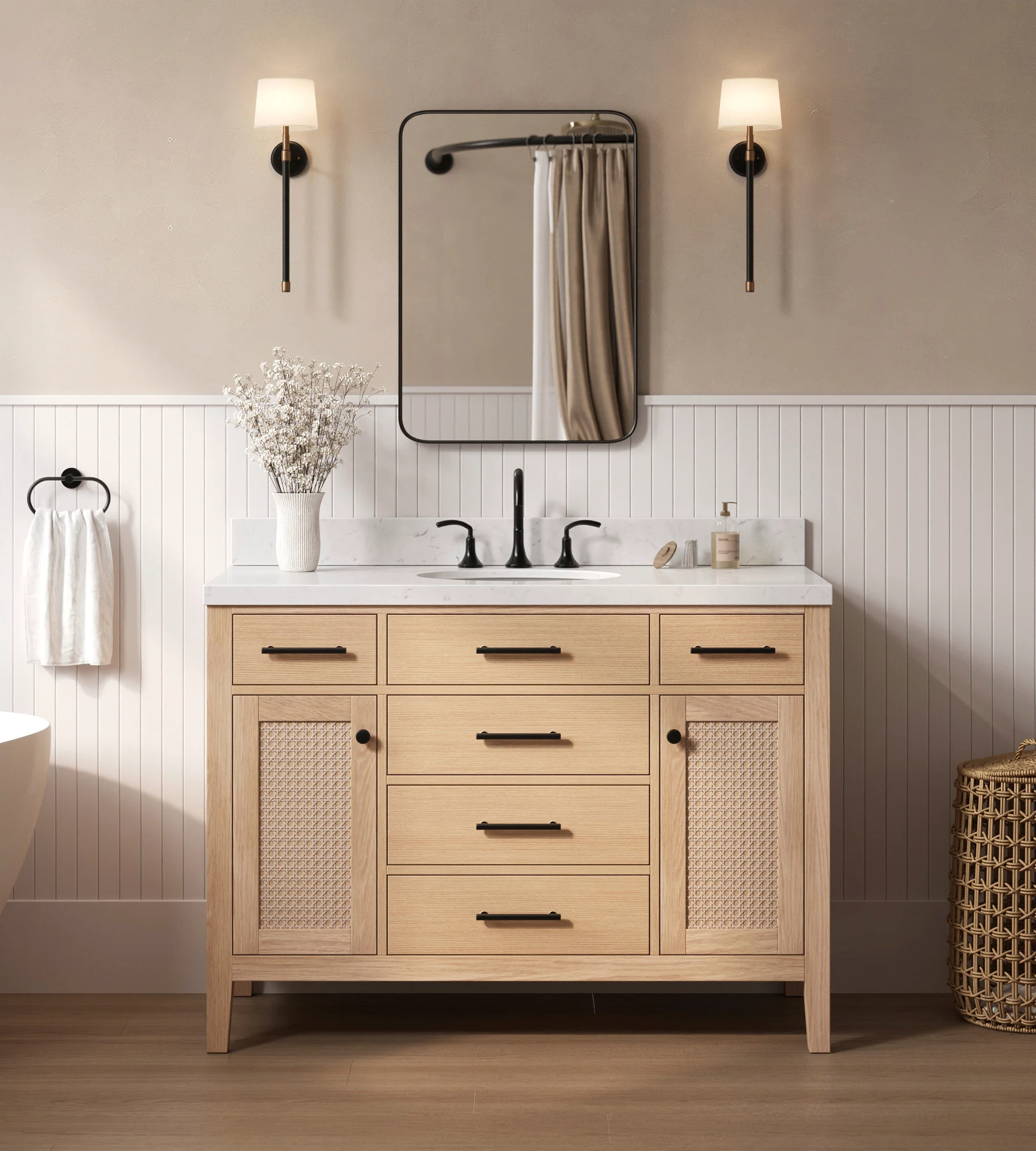 ARIEL Camila 48 Inch Single Oval Sink Bathroom Vanity With Carrara White Quartz Countertop 1.5 Inch Edge In White Oak
