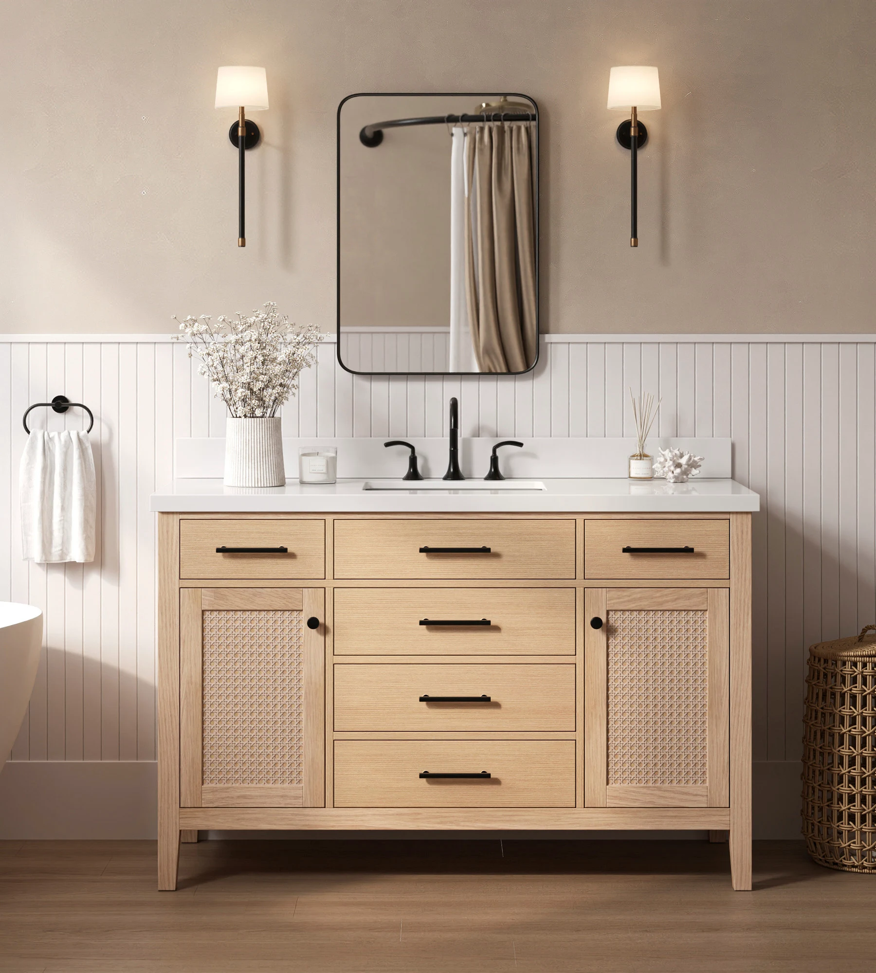 ARIEL Camila 55 Inch Single Rectangle Sink Bathroom Vanity With Pure White Quartz Countertop 1.5 Inch Edge In White Oak
