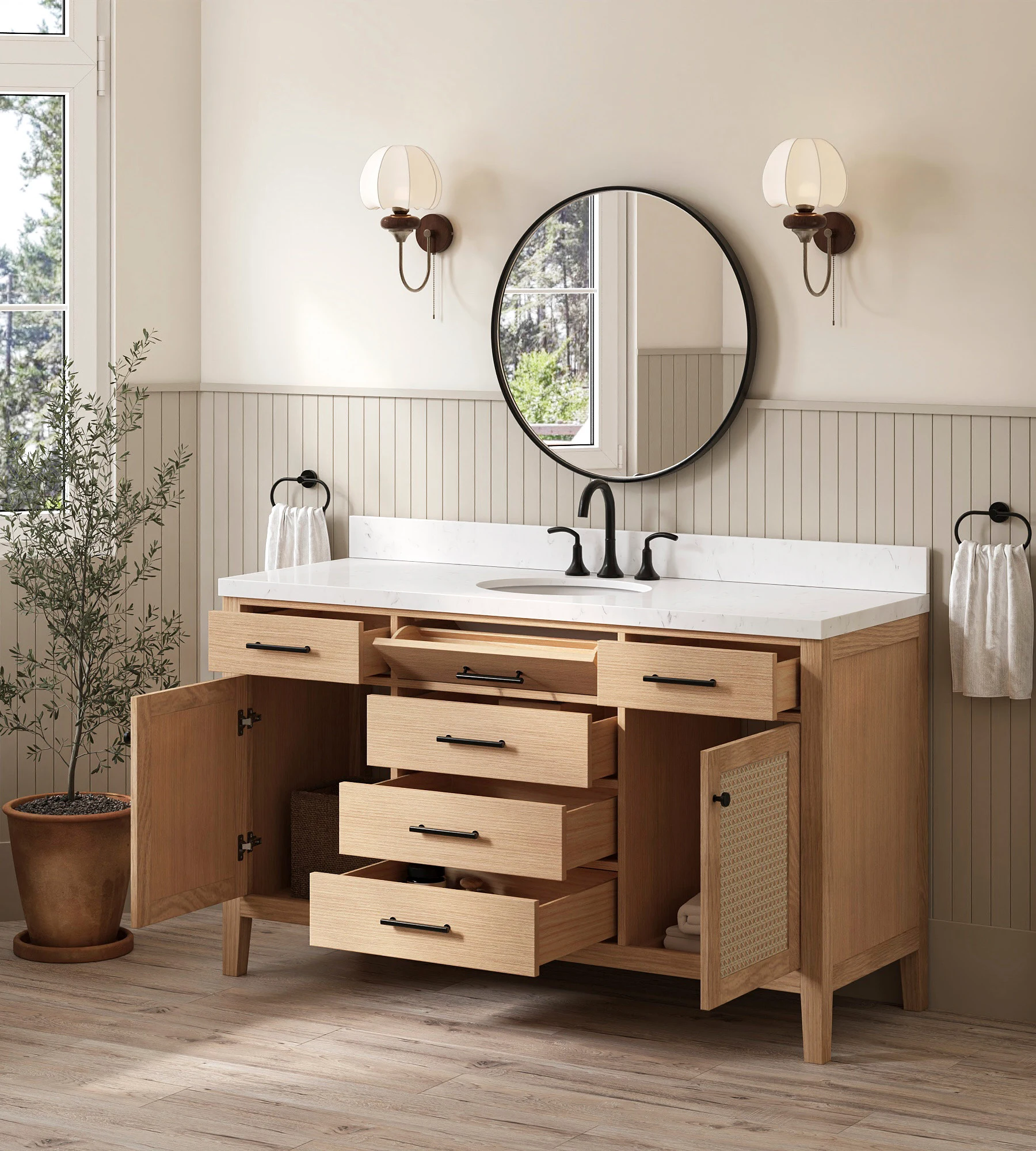ARIEL Camila 60 Inch Single Sink Base Cabinet In White Oak