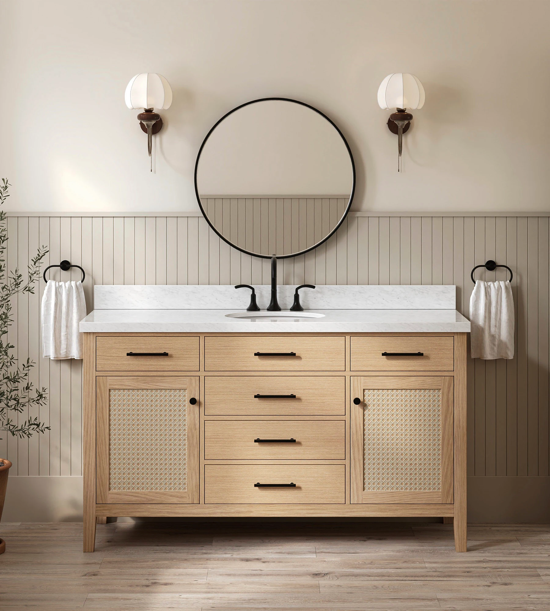 ARIEL Camila 61 Inch Single Oval Sink Bathroom Vanity With Italian Carrara Marble Countertop 1.5 Inch Edge In White Oak