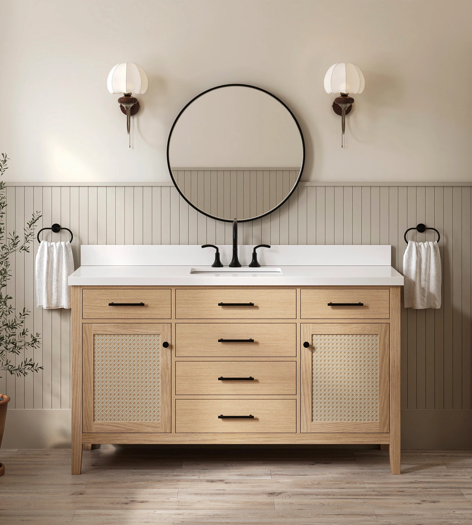 ARIEL Camila 61 Inch Single Rectangle Sink Bathroom Vanity With Pure White Quartz Countertop 1.5 Inch Edge In White Oak