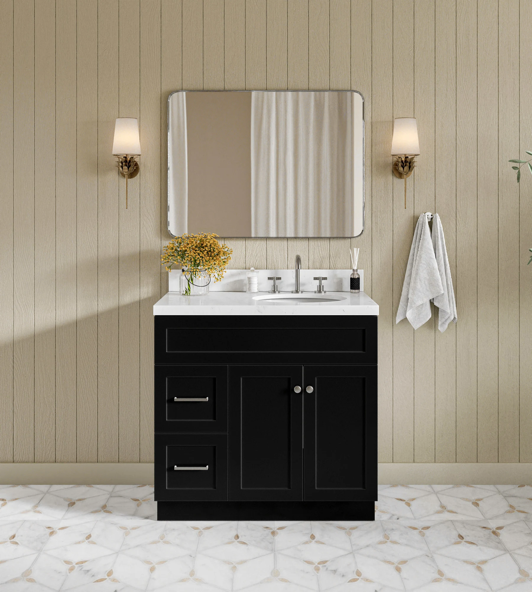 ARIEL Hamlet 36 In. Right Offset Single Sink Base Cabinet In Black