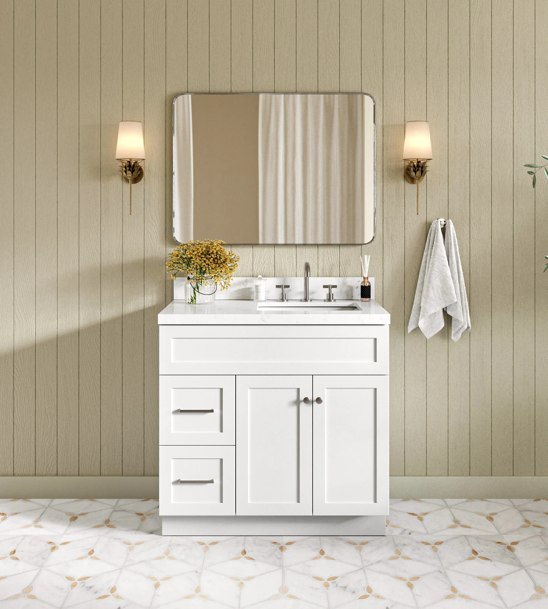ARIEL Hamlet 36 In. Right Offset Single Sink Base Cabinet In White