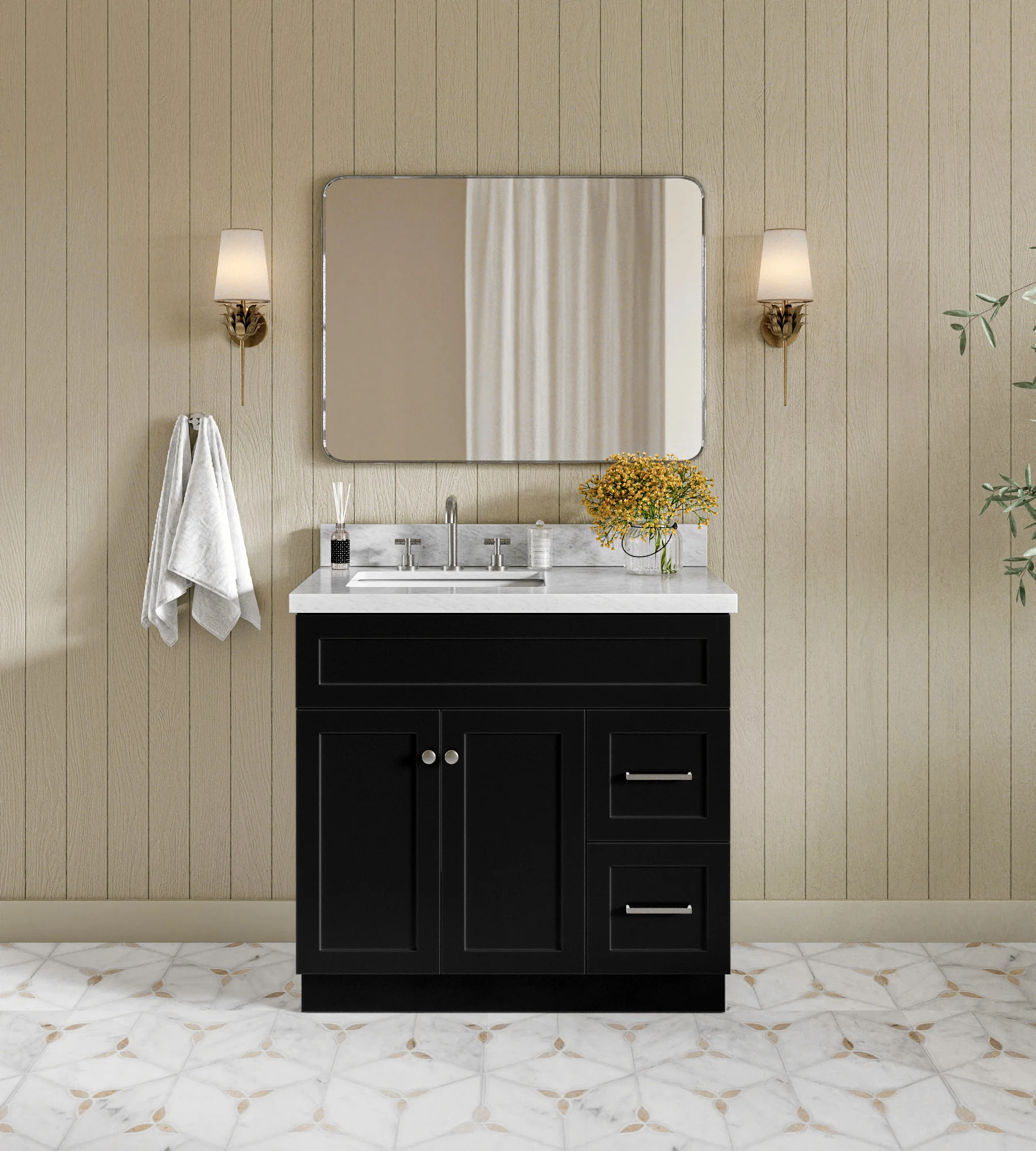 ARIEL Hamlet 37 In. Left Offset Rectangle Sink Vanity With 1.5 In. Italian Carrara White Marble Countertop In Black