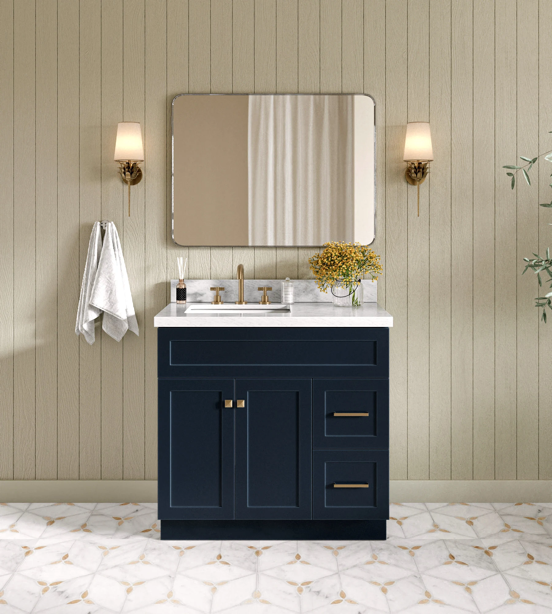 ARIEL Hamlet 37 In. Left Offset Rectangle Sink Vanity With 1.5 In. Italian Carrara White Marble Countertop In Midnight Blue