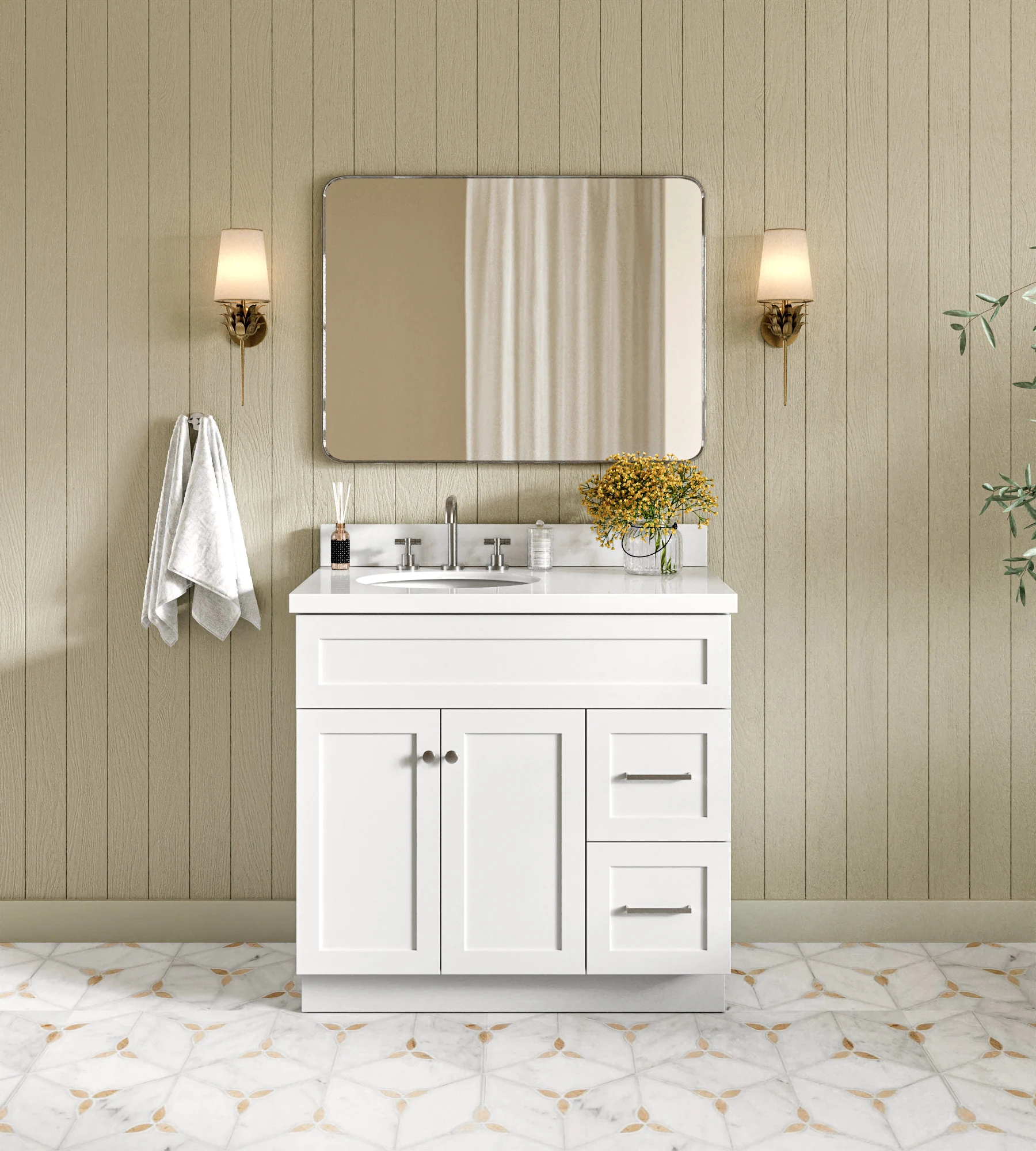 ARIEL Hamlet 37 In. Left Offset Oval Sink Vanity With White Quartz Countertop In White