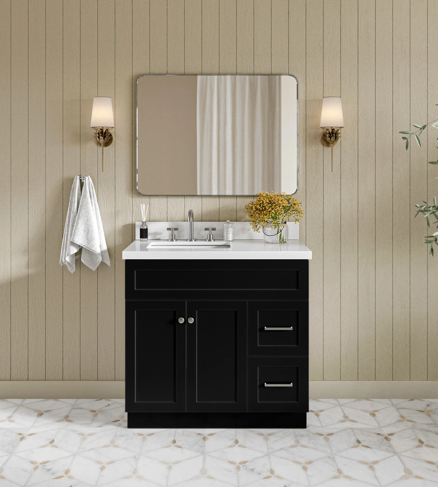 ARIEL Hamlet 37 In. Left Offset Rectangle Sink Vanity With White Quartz Countertop In Black