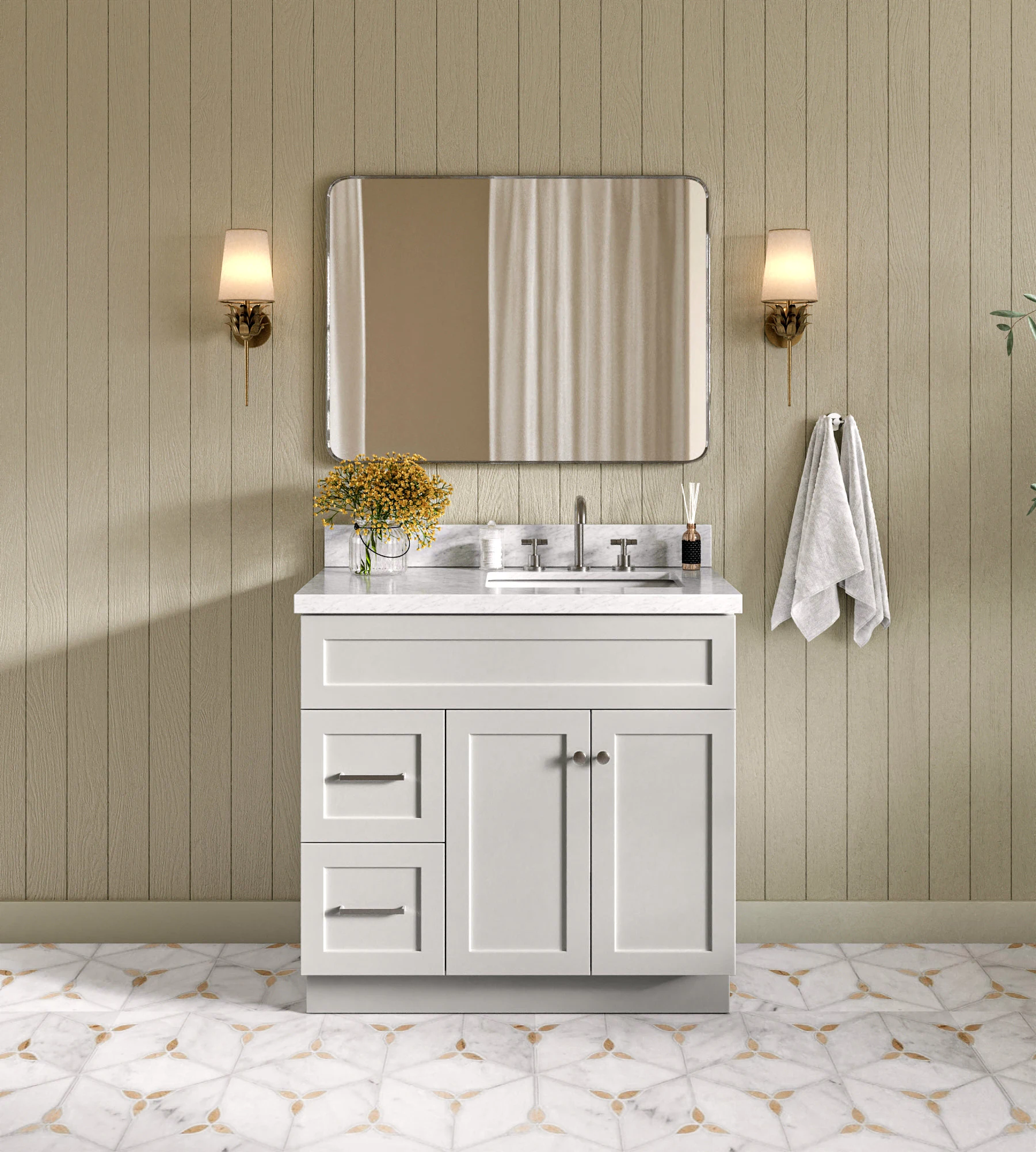 ARIEL Hamlet 37 In. Right Offset Rectangle Sink Vanity With 1.5 In. Italian Carrara White Marble Countertop In Grey
