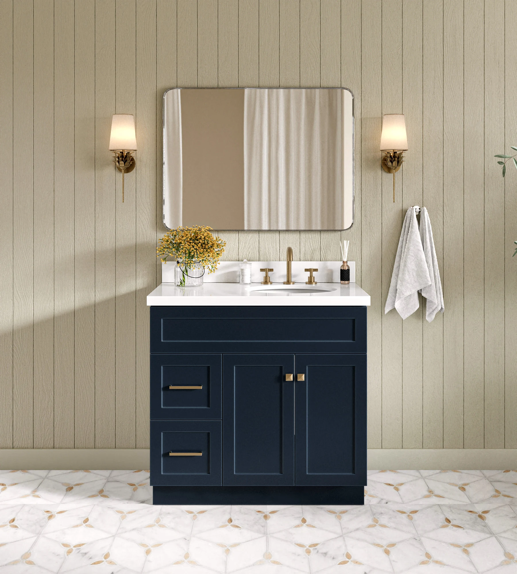 ARIEL Hamlet 37 In. Right Offset Oval Sink Vanity With White Quartz Countertop In Midnight Blue