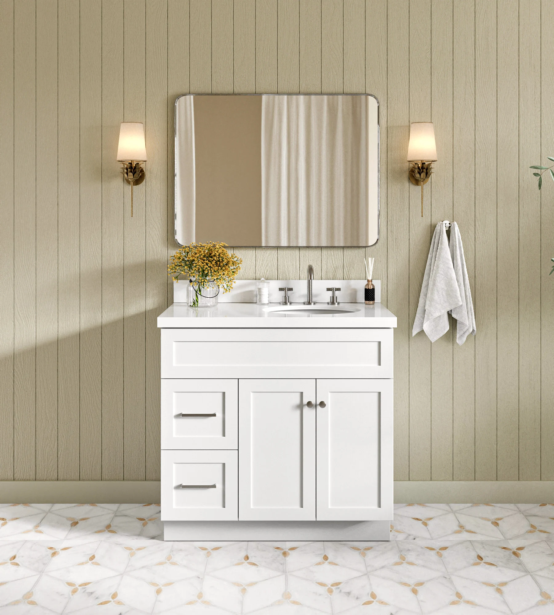 ARIEL Hamlet 37 In. Right Offset Oval Sink Vanity With White Quartz Countertop In White