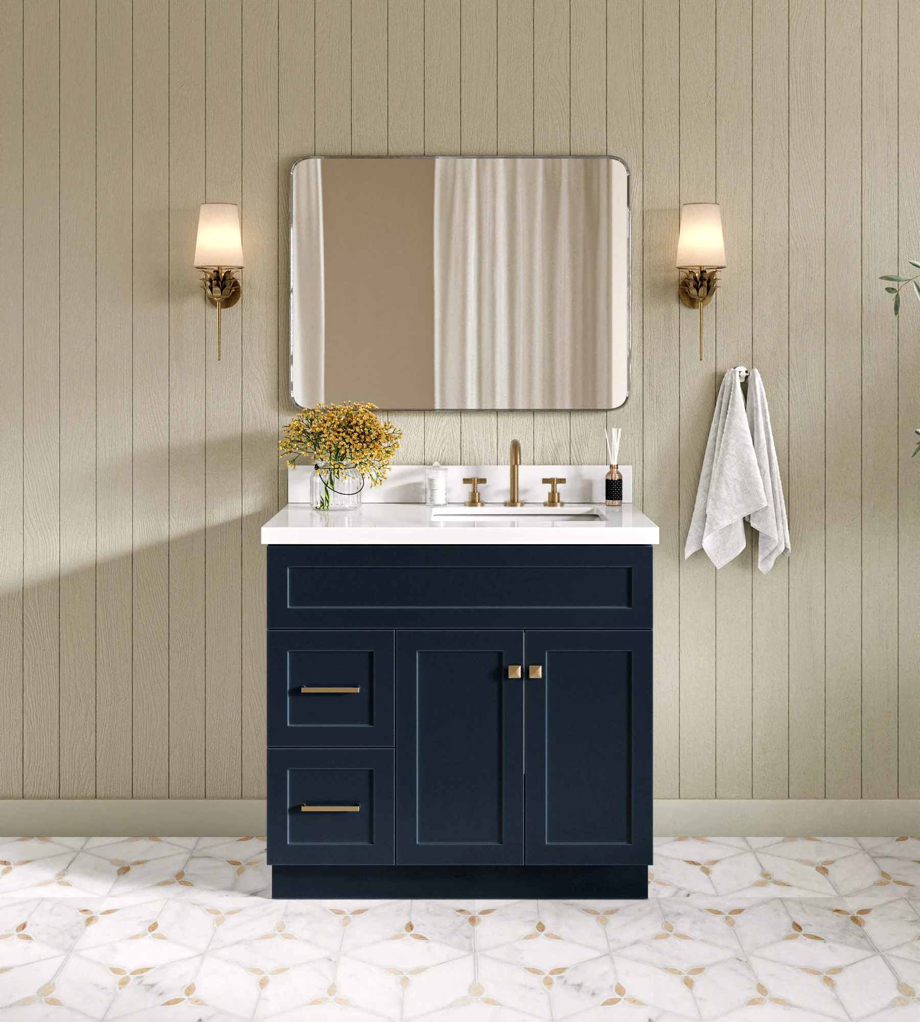 ARIEL Hamlet 37 In. Right Offset Rectangle Sink Vanity With White Quartz Countertop In Midnight Blue