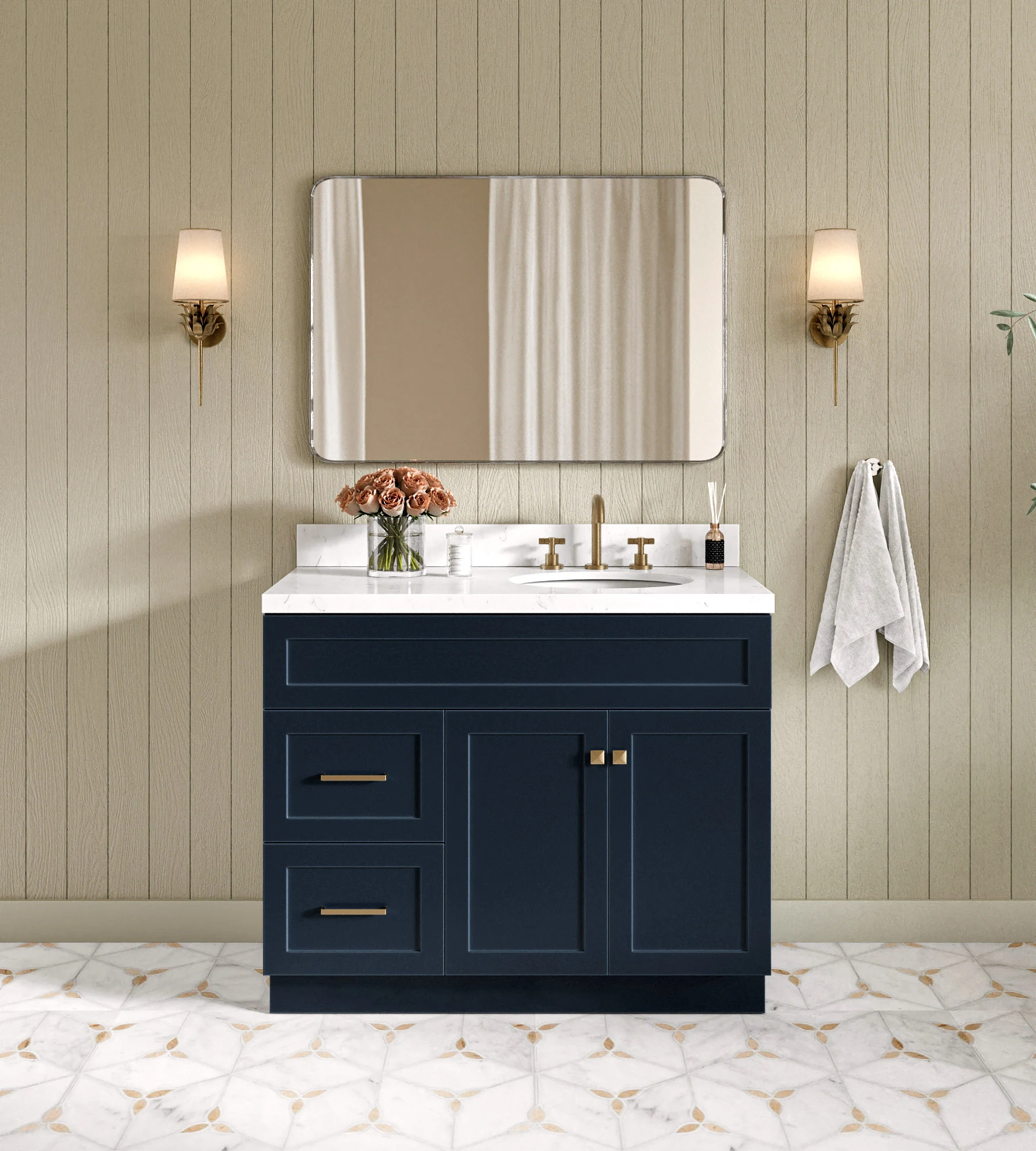 ARIEL Hamlet 42 In. Right Offset Single Sink Base Cabinet In Midnight Blue