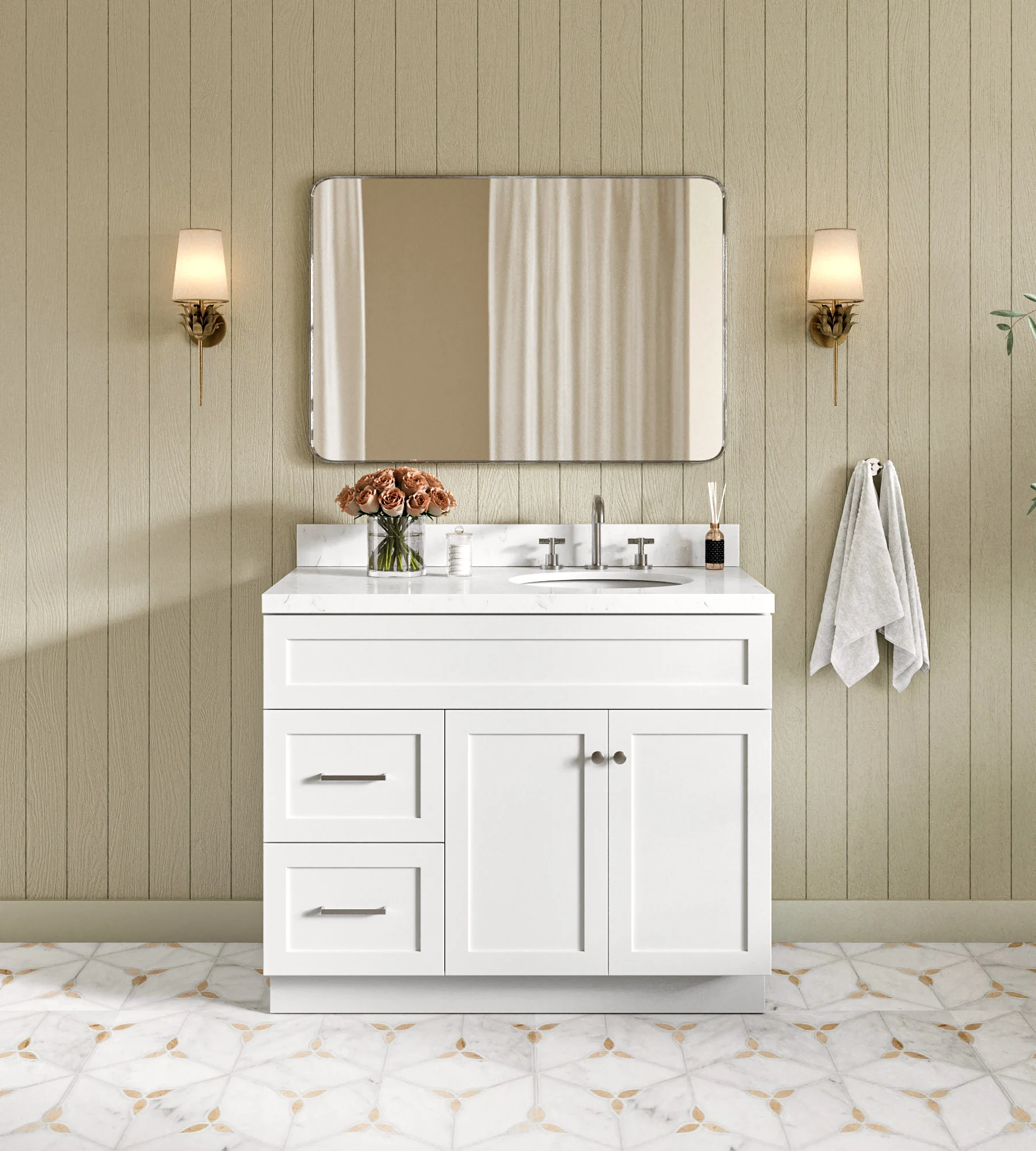 ARIEL Hamlet 42 In. Right Offset Single Sink Base Cabinet In White