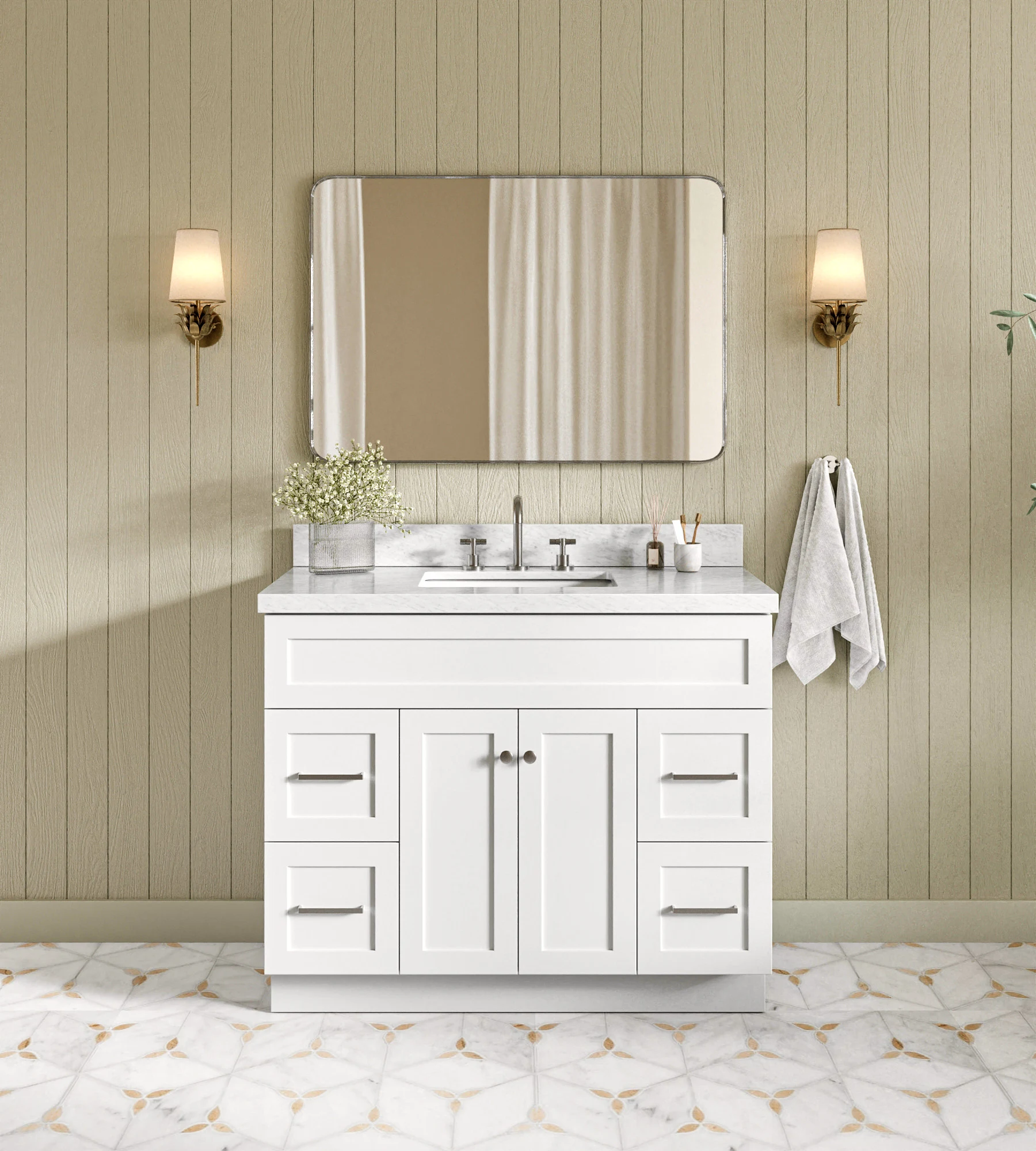 ARIEL Hamlet 43 In. Rectangle Sink Vanity With Italian Carrara White Marble 1.5 In Countertop In White