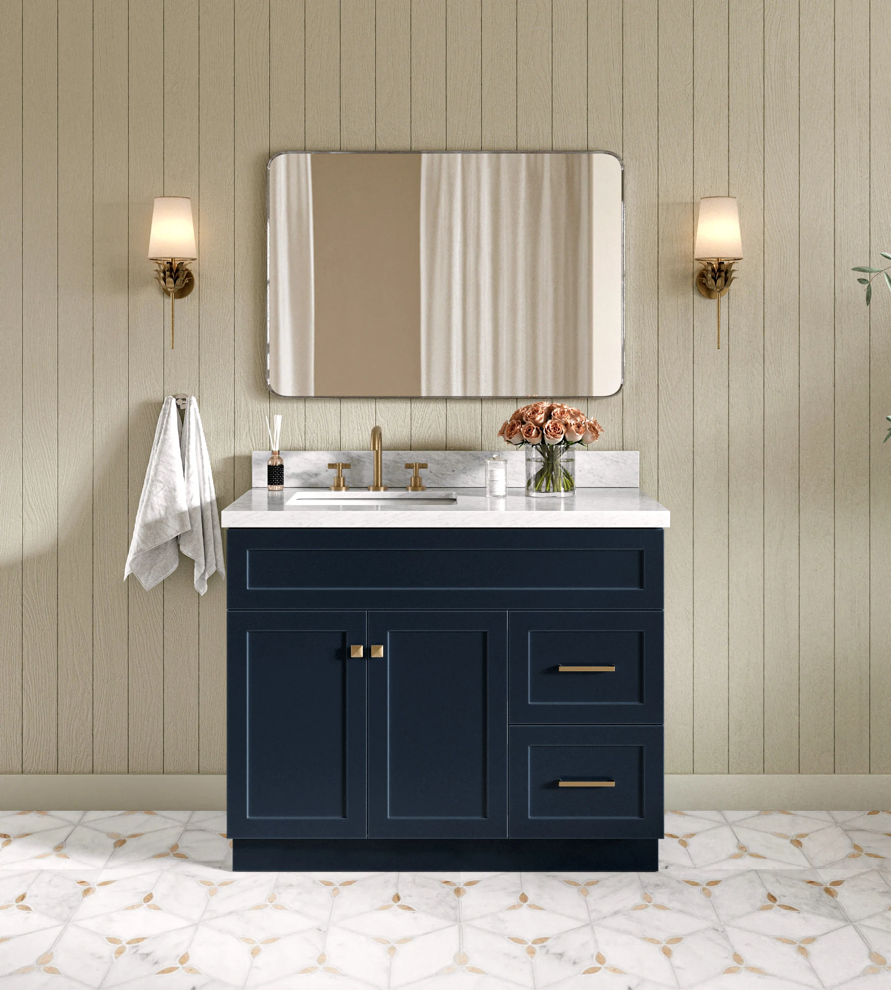 ARIEL Hamlet 43 In. Left Offset Rectangle Sink Vanity With 1.5 In. Italian Carrara White Marble Countertop In Midnight Blue