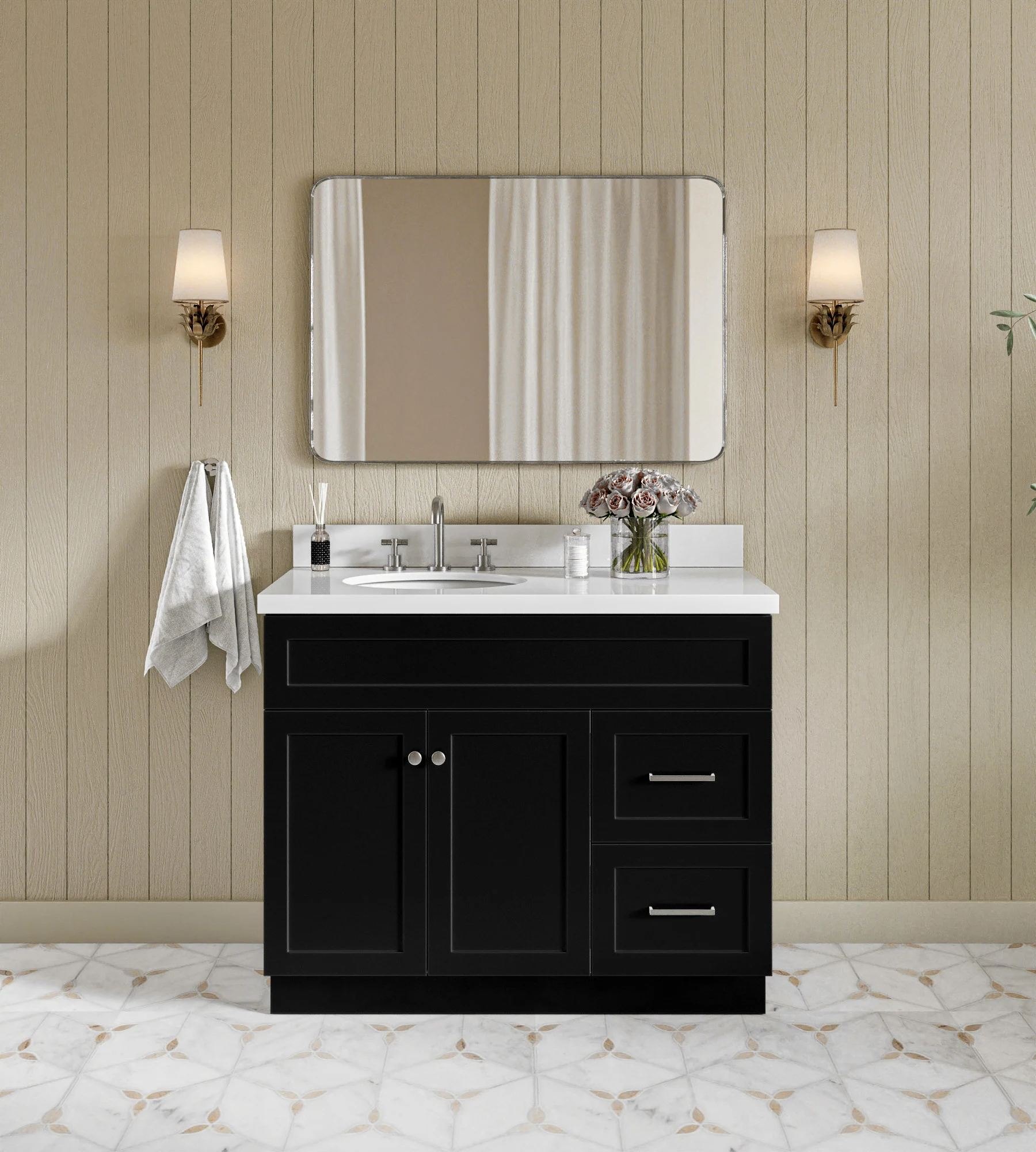 ARIEL Hamlet 43 In. Left Offset Oval Sink Vanity With White Quartz Countertop In Black