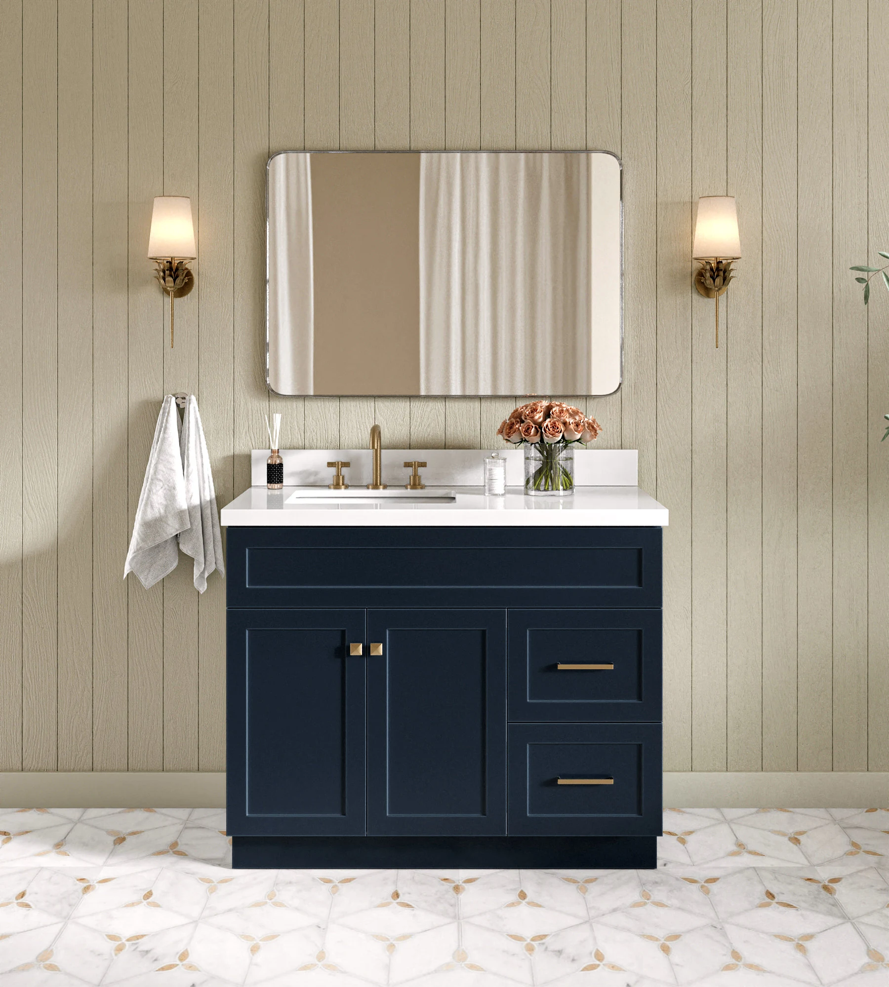 ARIEL Hamlet 43 In. Left Offset Rectangle Sink Vanity With White Quartz Countertop In Midnight Blue