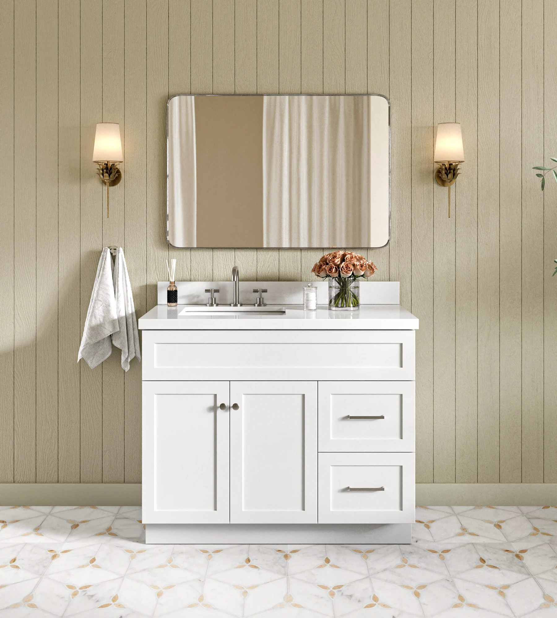 ARIEL Hamlet 43 In. Left Offset Rectangle Sink Vanity With White Quartz Countertop In White
