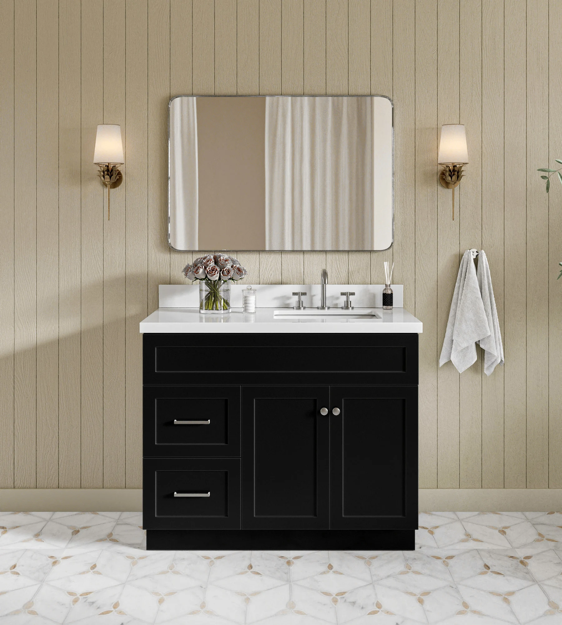 ARIEL Hamlet 43 In. Right Offset Rectangle Sink Vanity With White Quartz Countertop In Black