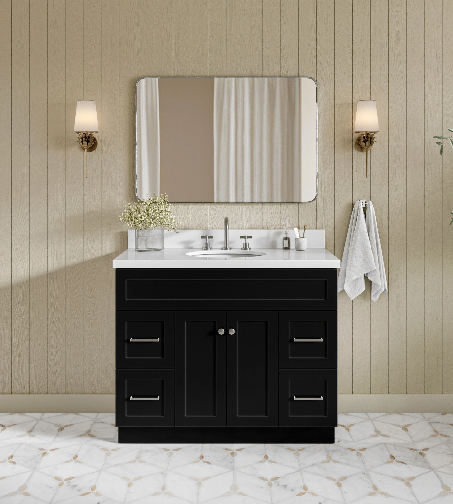 ARIEL Hamlet 43 In. Oval Sink Vanity With White Quartz Countertop In Black