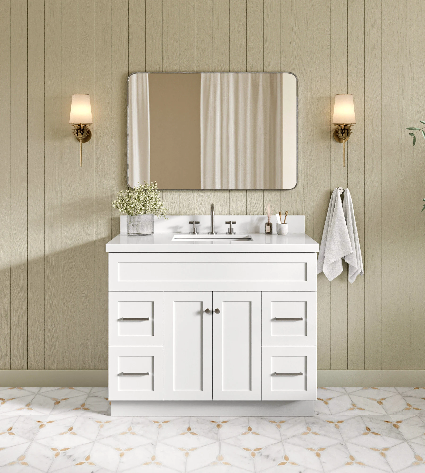ARIEL Hamlet 43 In. Rectangle Sink Vanity With White Quartz Countertop In White