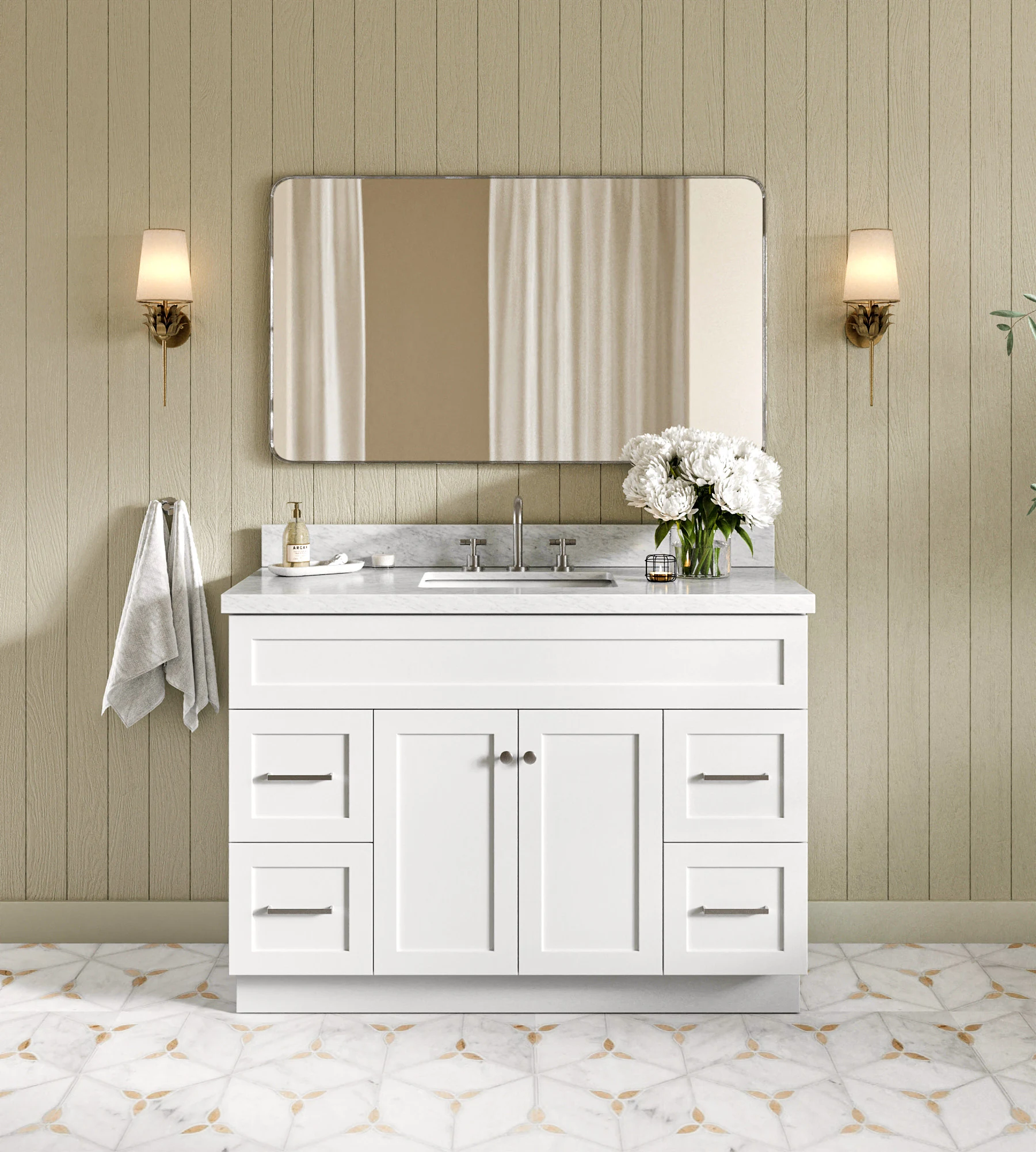 ARIEL Hamlet 49 In. Rectangle Sink Vanity With Italian Carrara White Marble 1.5 In Countertop In White