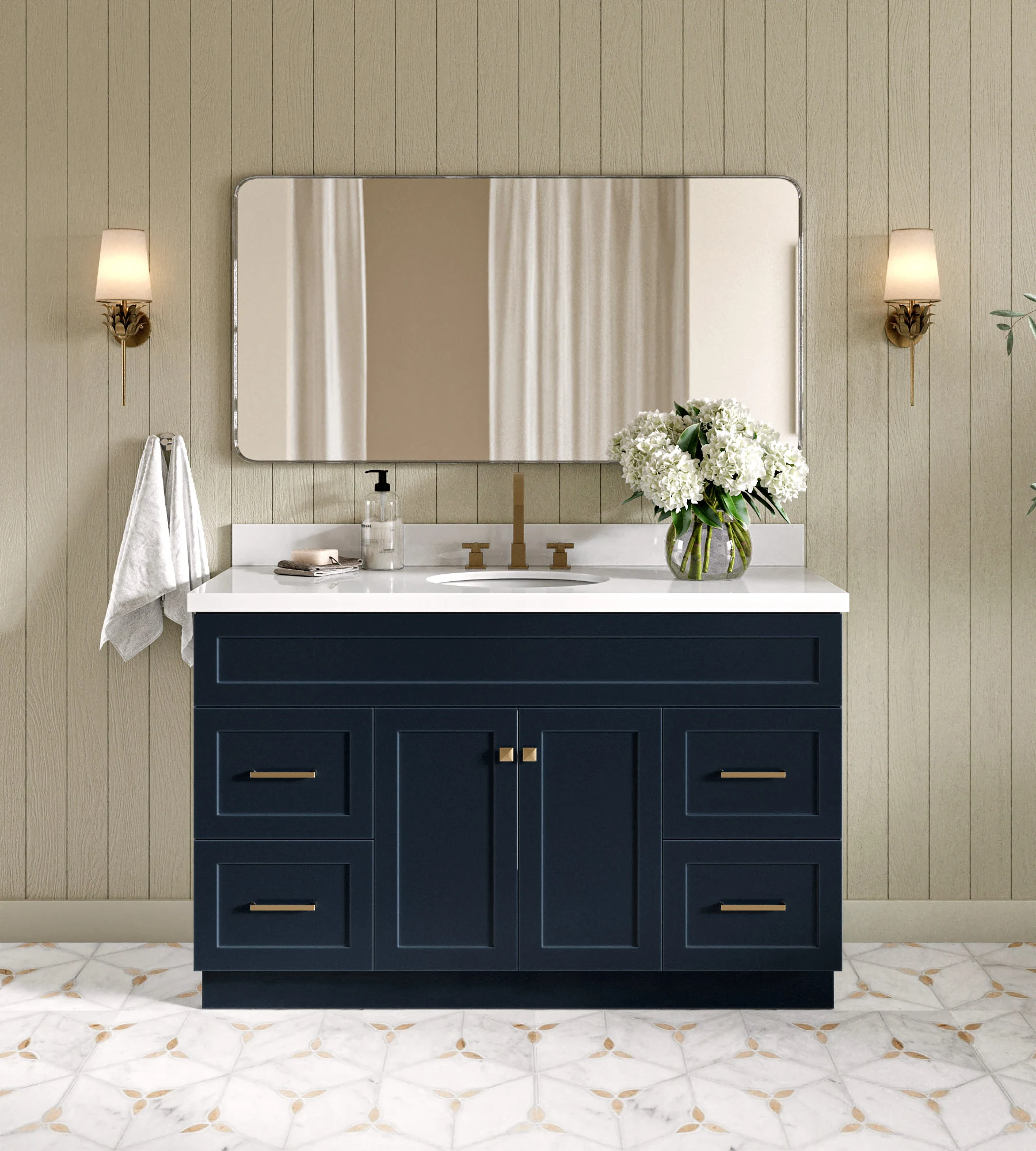 ARIEL Hamlet 55 In. Oval Sink Vanity With White Quartz Countertop In Midnight Blue