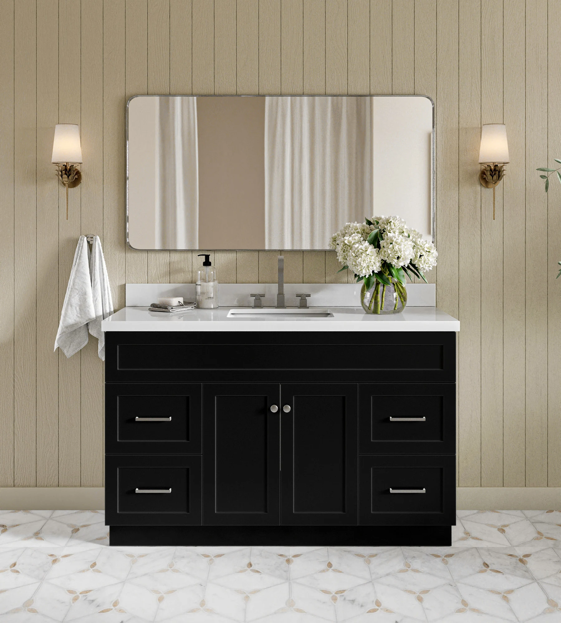ARIEL Hamlet 55 In. Rectangle Sink Vanity With White Quartz Countertop In Black