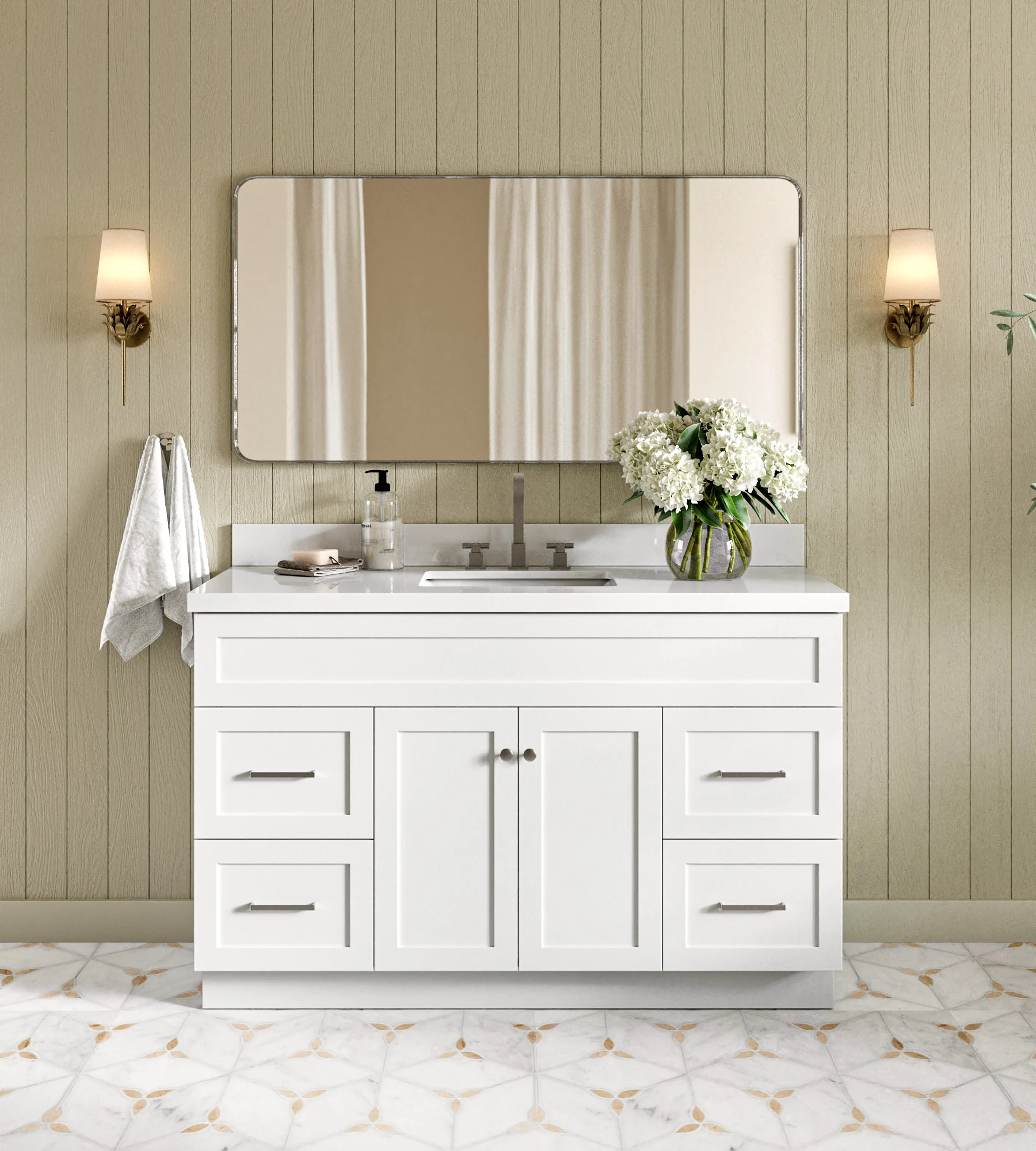 ARIEL Hamlet 55 In. Rectangle Sink Vanity With White Quartz Countertop In White
