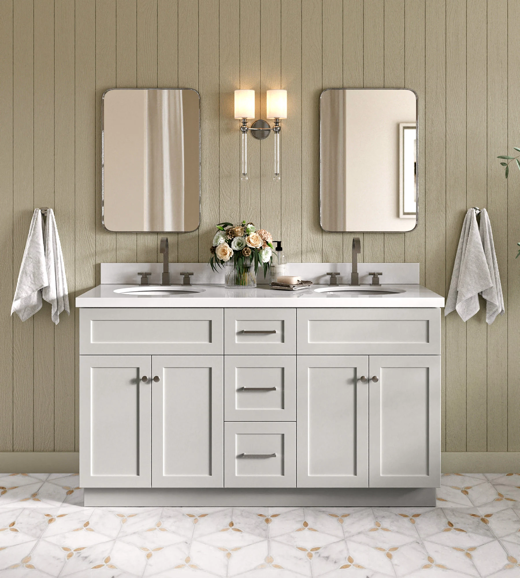 ARIEL Hamlet 61 In. Double Oval Sink Vanity With White Quartz Countertop In Grey