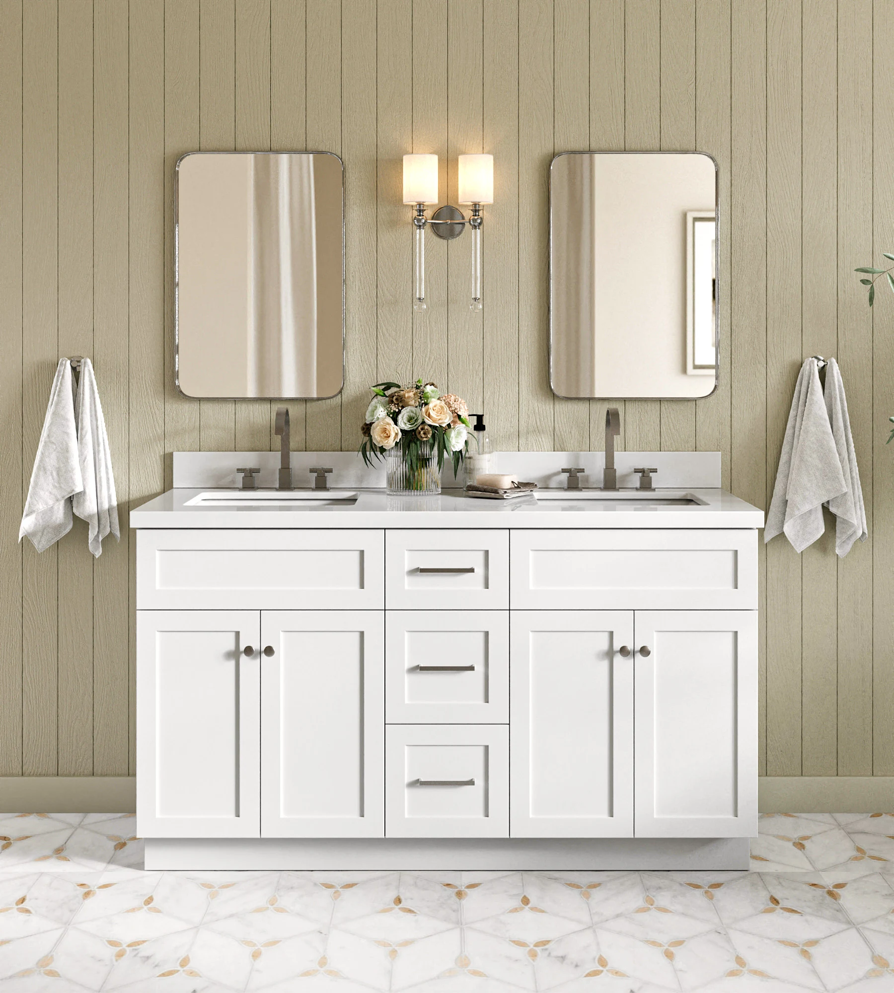 ARIEL Hamlet 61 In. Double Rectangle Sink Vanity With White Quartz Countertop In White