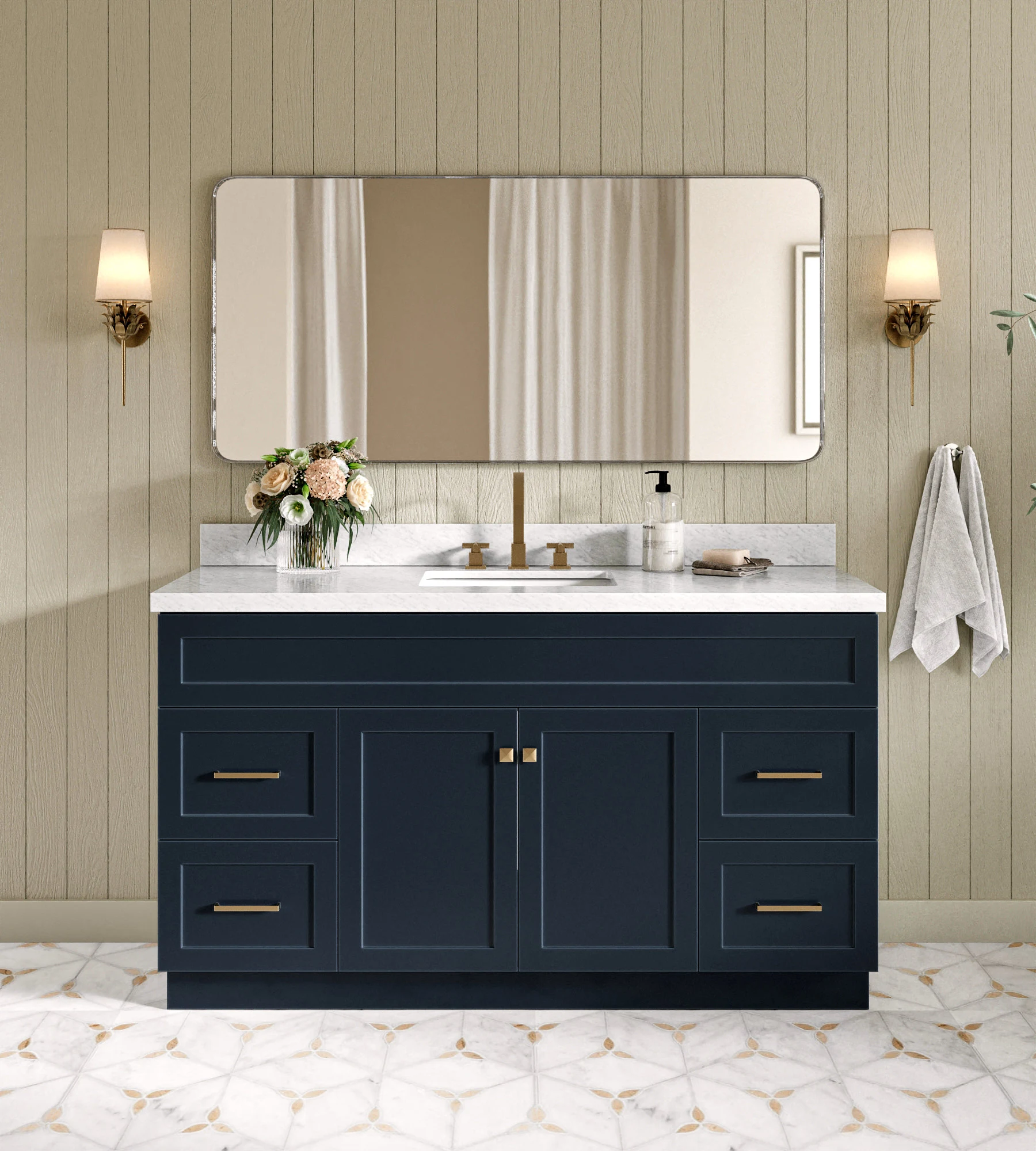 ARIEL Hamlet 61 In. Rectangle Sink Vanity With 1.5 In. Italian Carrara White Marble Countertop In Midnight Blue