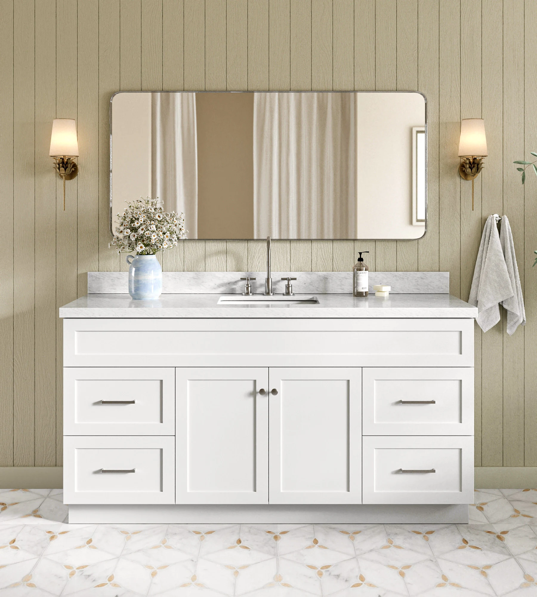 ARIEL Hamlet 67 Inch Single Rectangle Sink Vanity With Italian Carrara White Marble Countertop W/ 1.5 Edge In White
