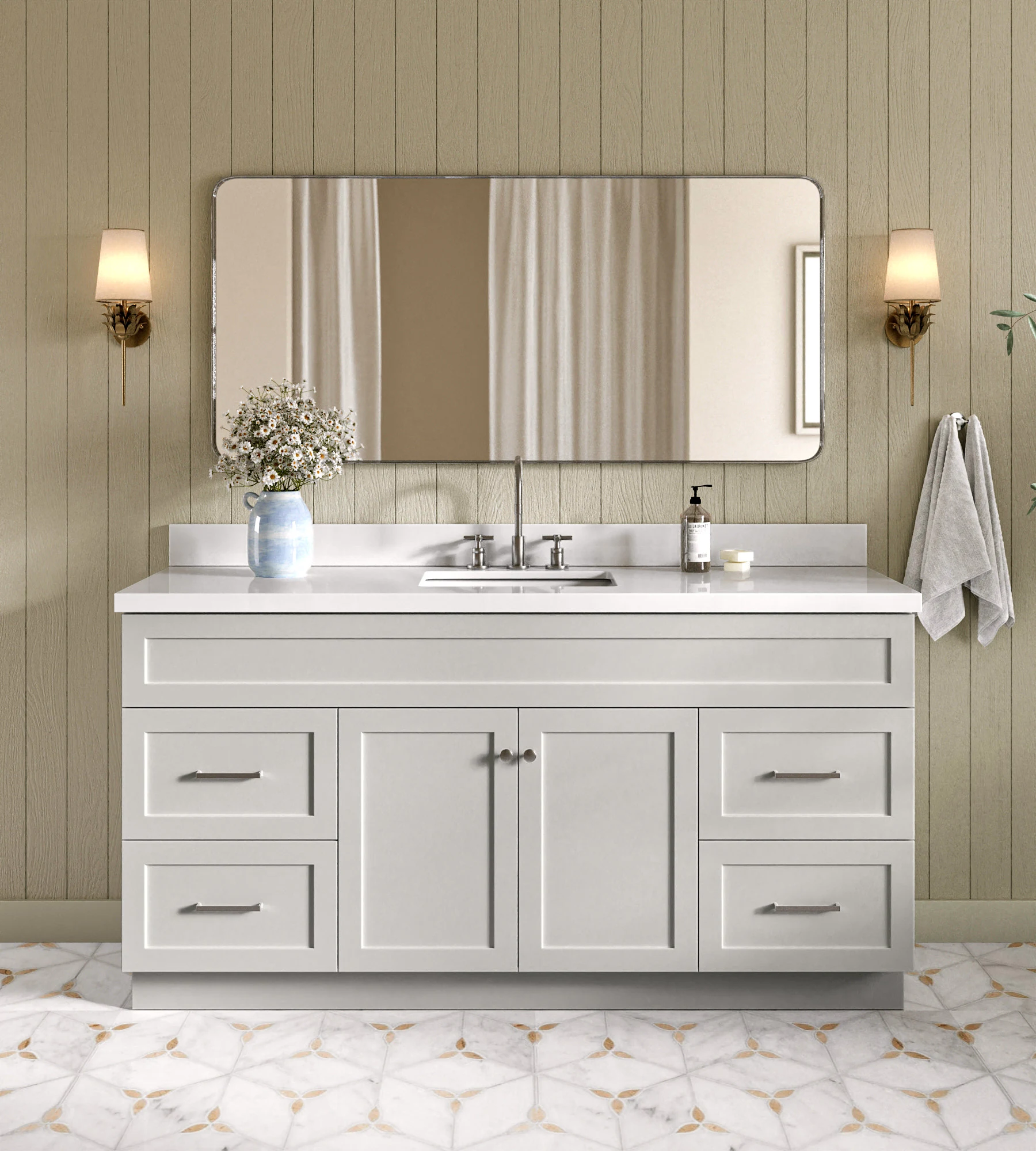 ARIEL Hamlet 67 Inch Single Rectangle Sink Vanity With White Quartz Countertop W/ 1.5 Edge In Grey