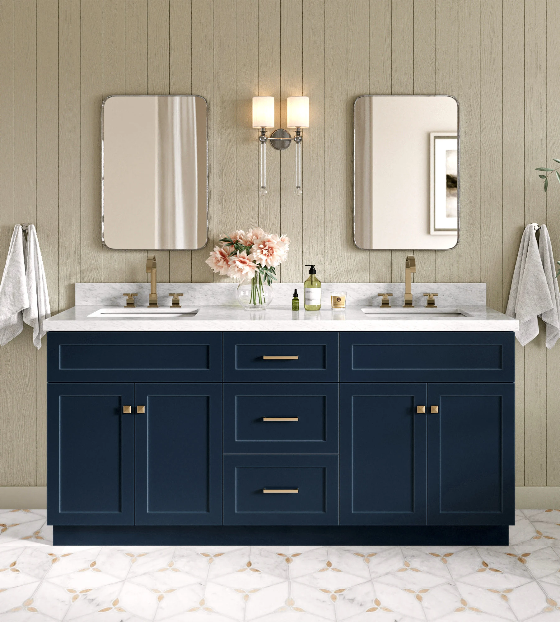 ARIEL Hamlet 73 In. Double Rectangle Sink Vanity With 1.5 In. Carrara White Countertop In Midnight Blue