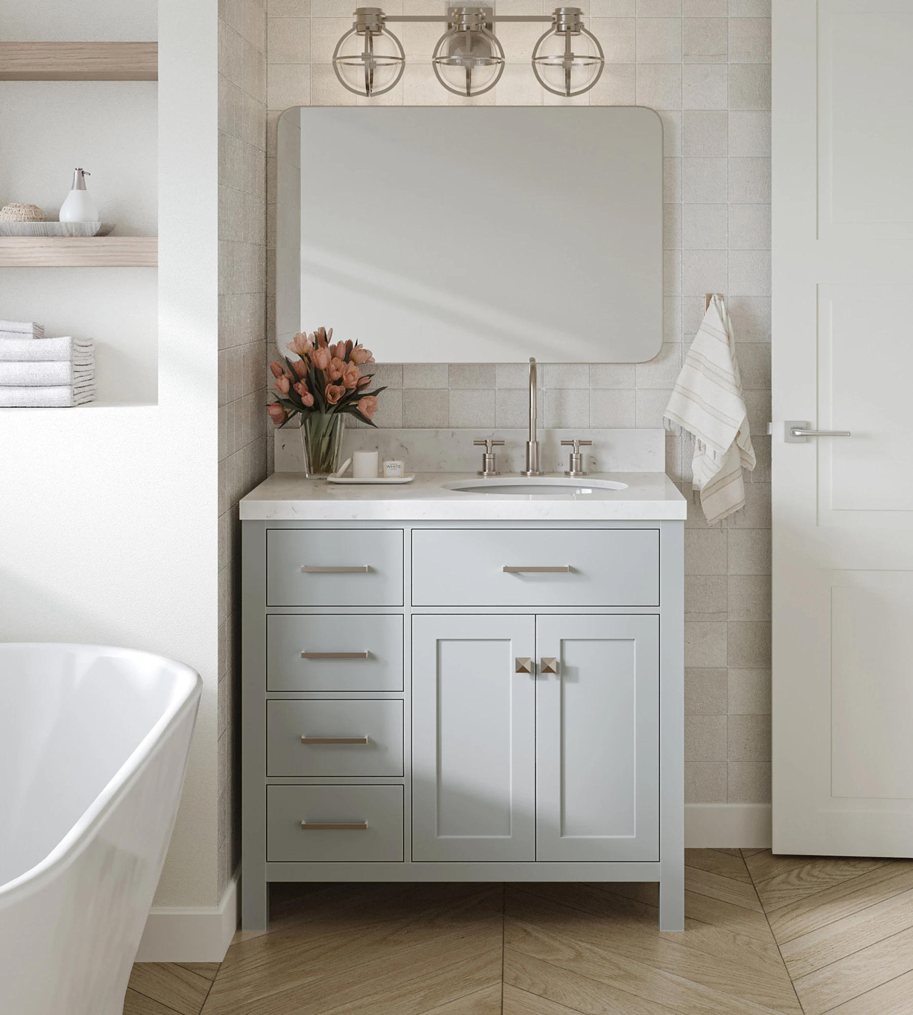 ARIEL Bristol 36 In. Right Offset Single Sink Base Cabinet In Grey