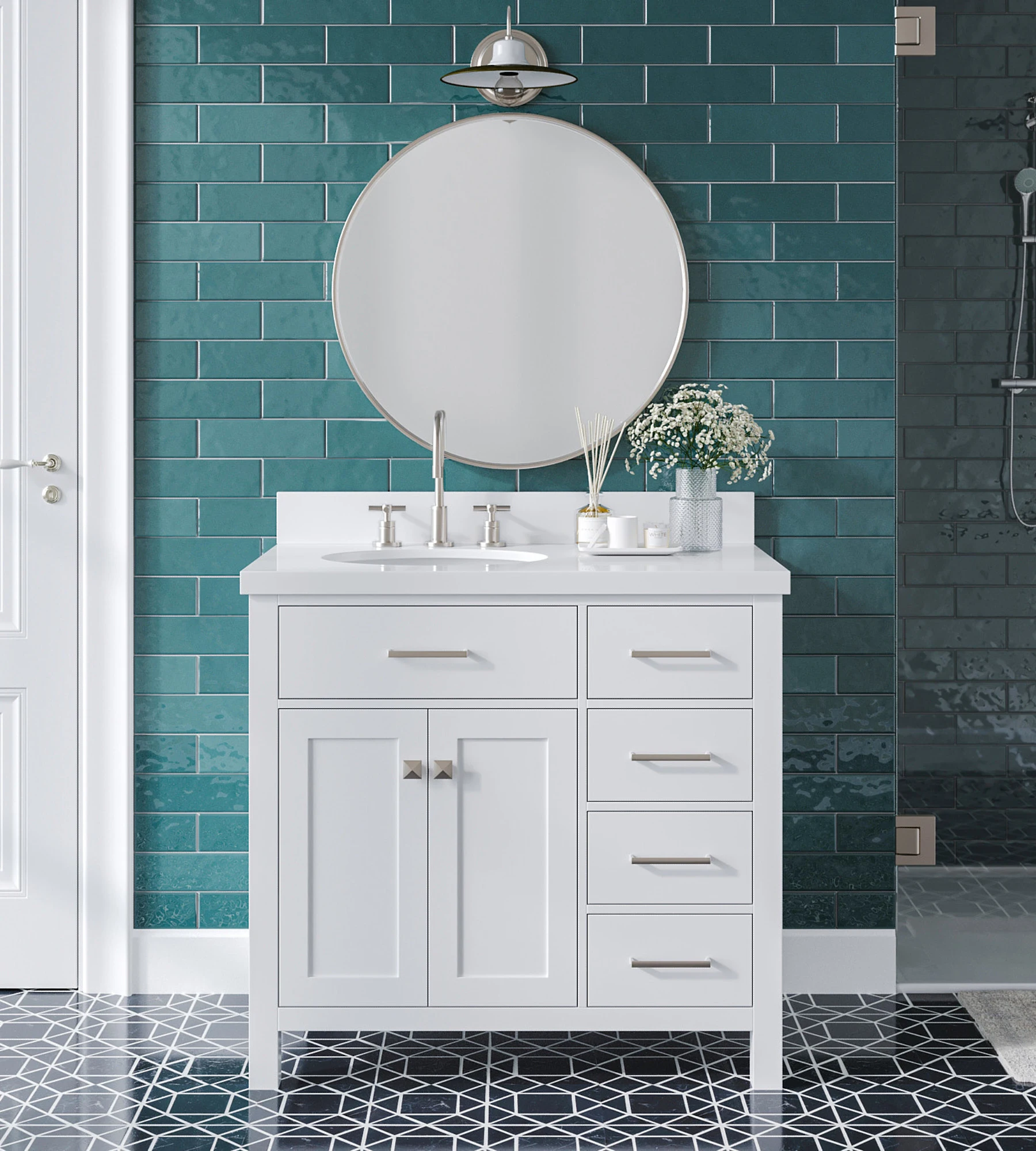 ARIEL Bristol 37 In. Left Offset Single Oval Sink Vanity With White Quartz Countertop In White