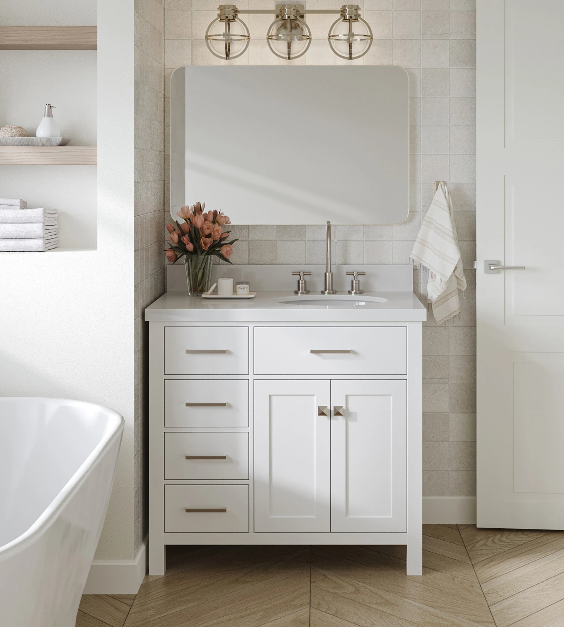 ARIEL Bristol 37 In. Right Offset Single Oval Sink Vanity With White Quartz Countertop In White