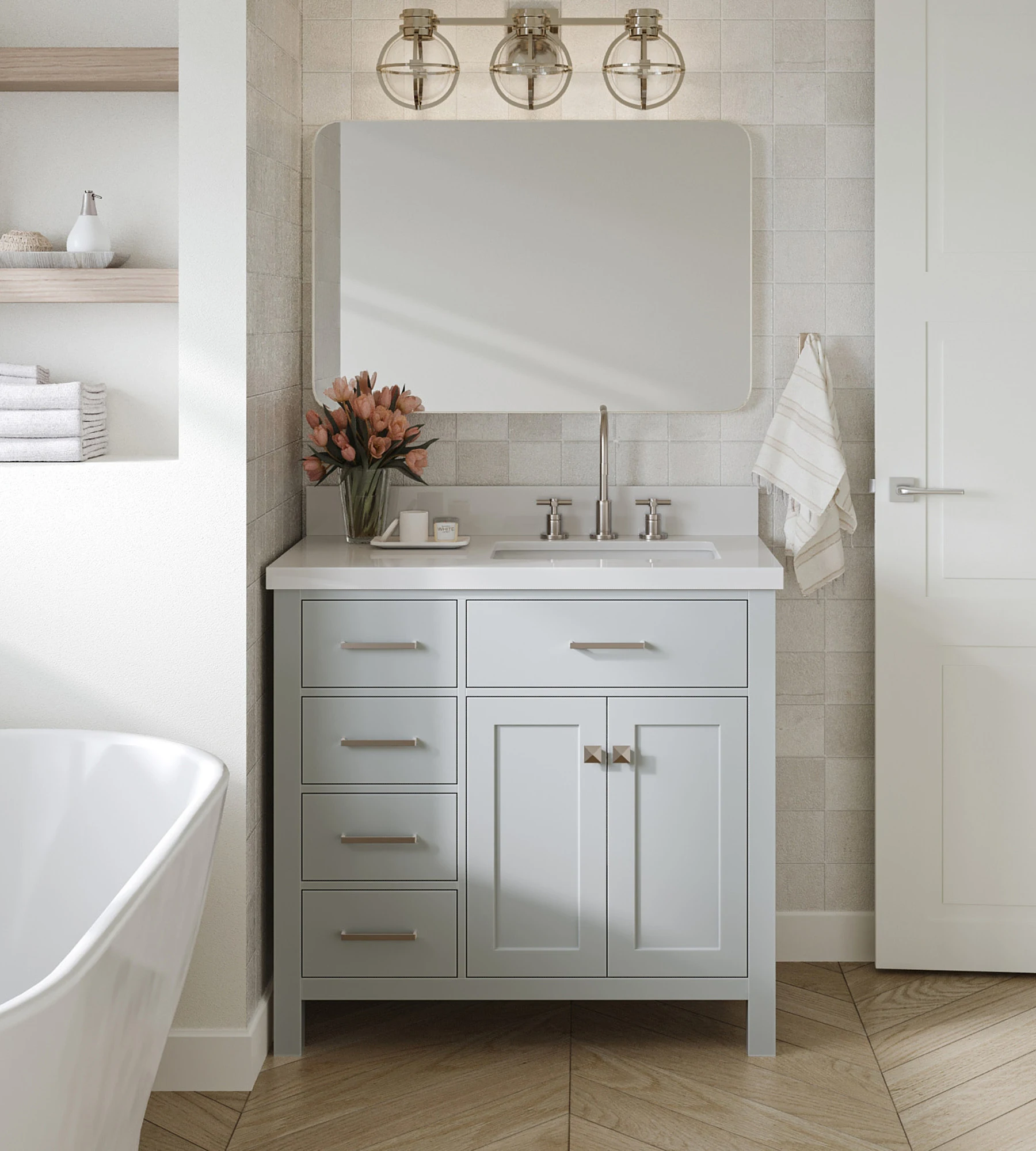 ARIEL Bristol 37 In. Right Offset Single Rectangle Sink Vanity With White Quartz Countertop In Grey